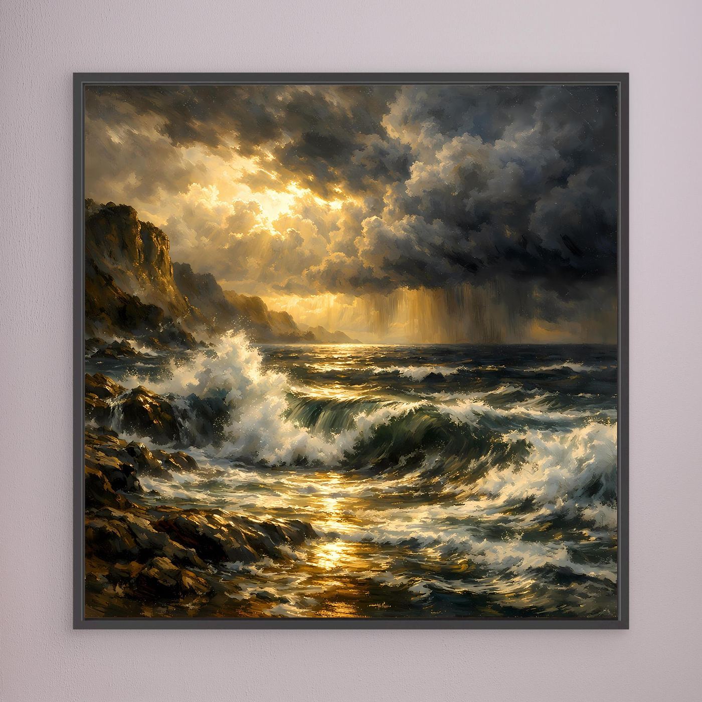 Leinwandbild mit stürmischem Meer, goldenem Horizontlicht und Wolken, schwarz gerahmt
