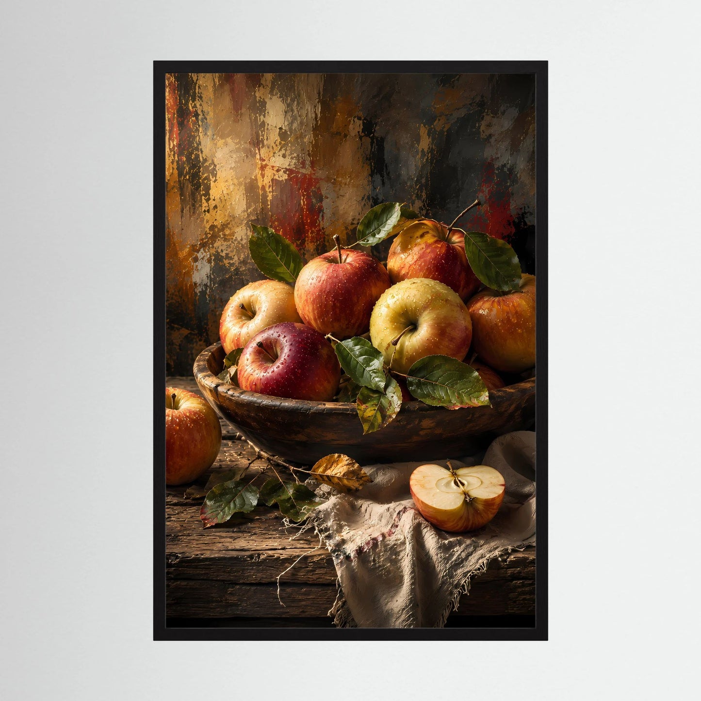 Hochformatiges Apfel-Poster mit rotem und gelbem Obst in Schale, schwarzer Rahmen