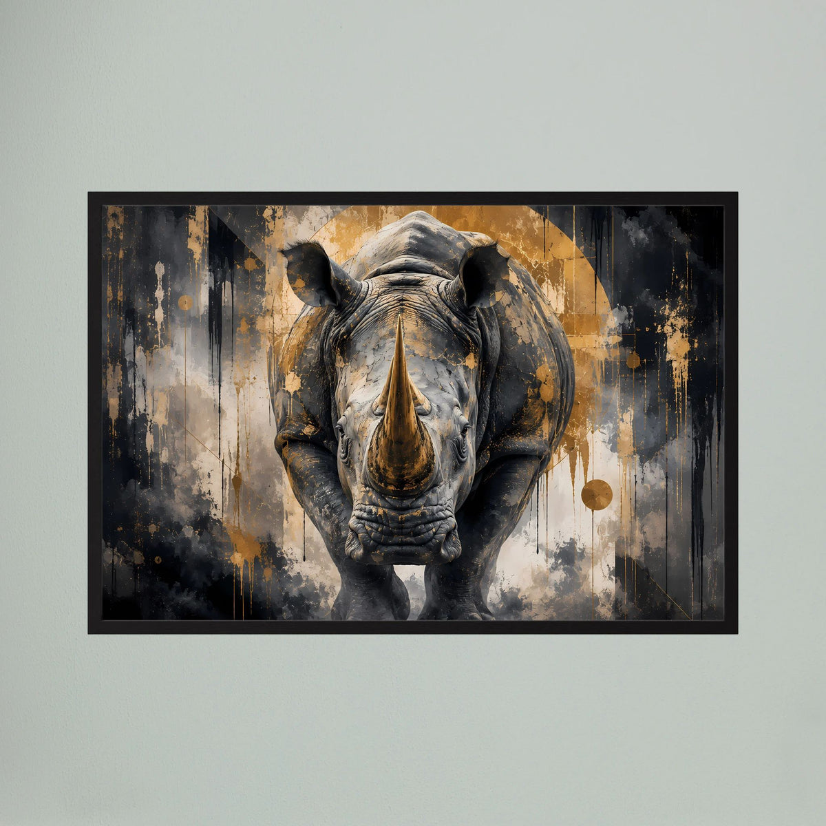Nahansicht: Abstraktes Nashorn-Poster (Querformat) mit schwarzem Rahmen, schwarz-goldene Spritzer