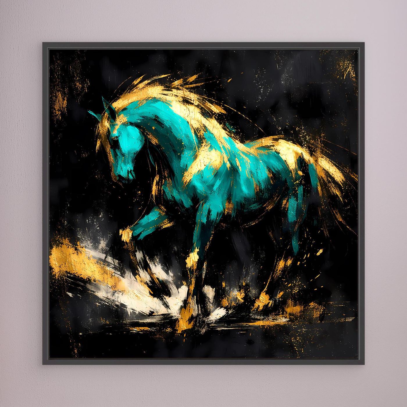 Leinwand Kraftvolles Pferd in Türkis und Gold | Modernes Abstraktes Wildtier Wandbild