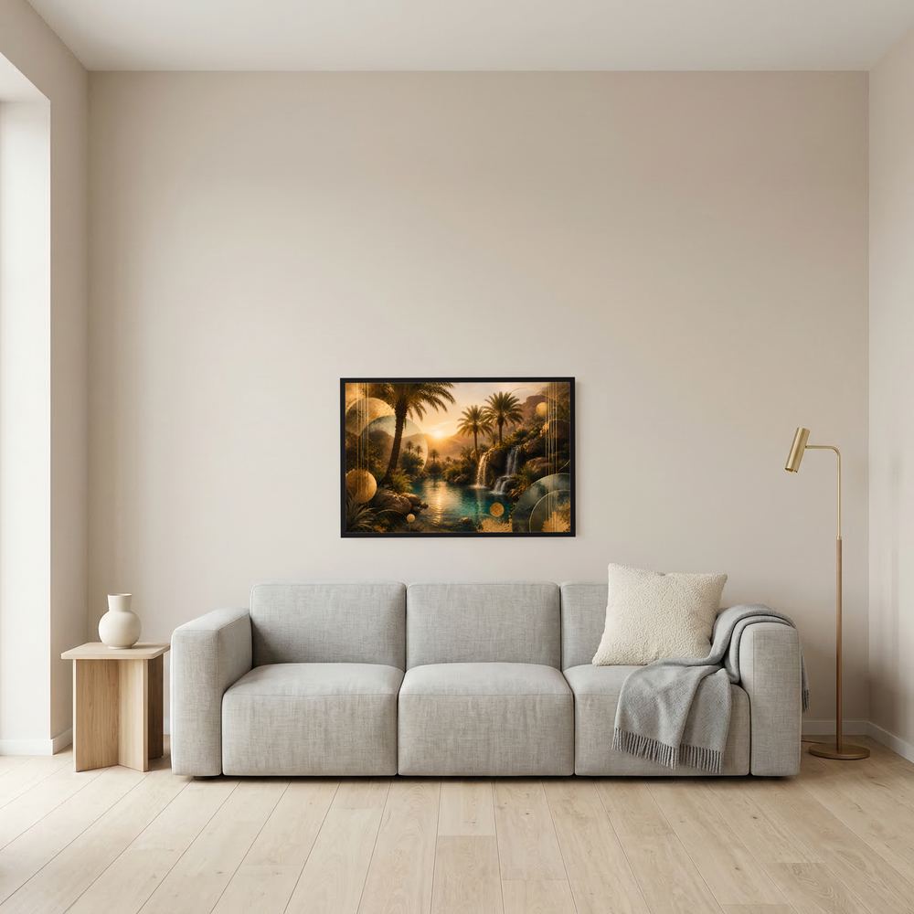 Querformat-Poster mit tropischer Palmenlandschaft, Wasserfall und türkisfarbenem Wasser, schwarzer Rahmen