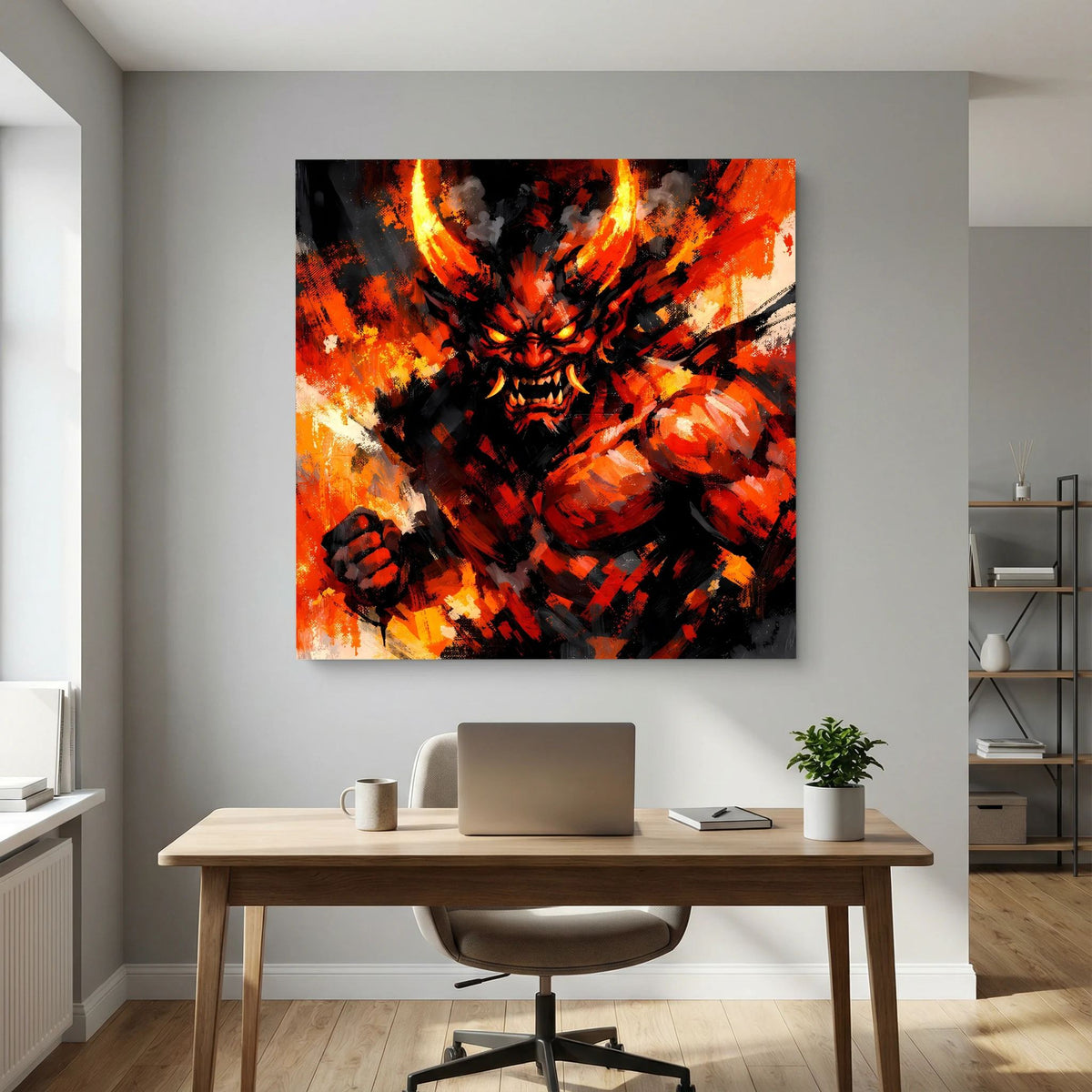 Leinwand-Wandbild mit Oni-Dämon, große Flammenbögen, orangefarbene Spritzer und schwarze Knautschtexturen