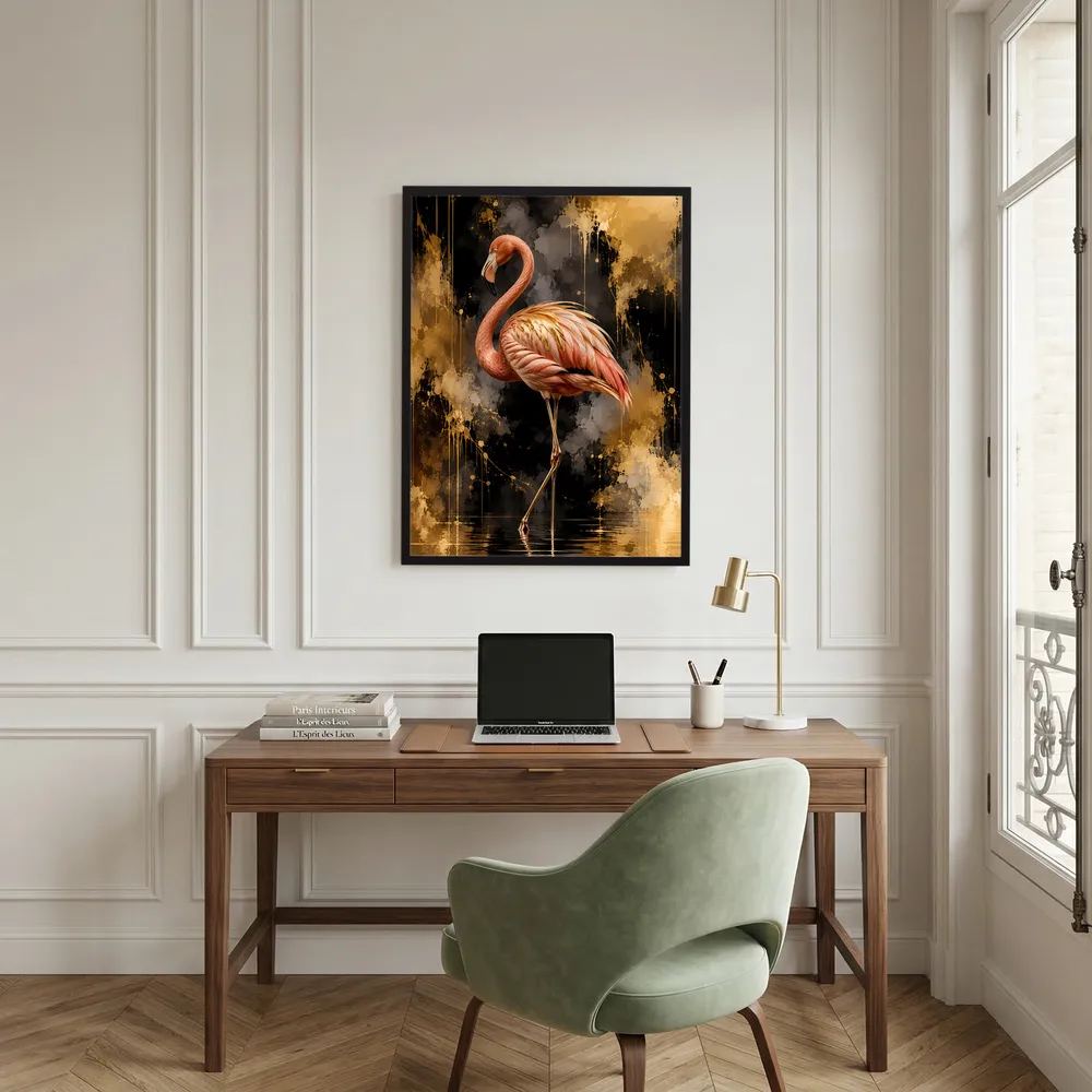 Hochformatiges Poster mit rosa Flamingo im schwarzen Rahmen
