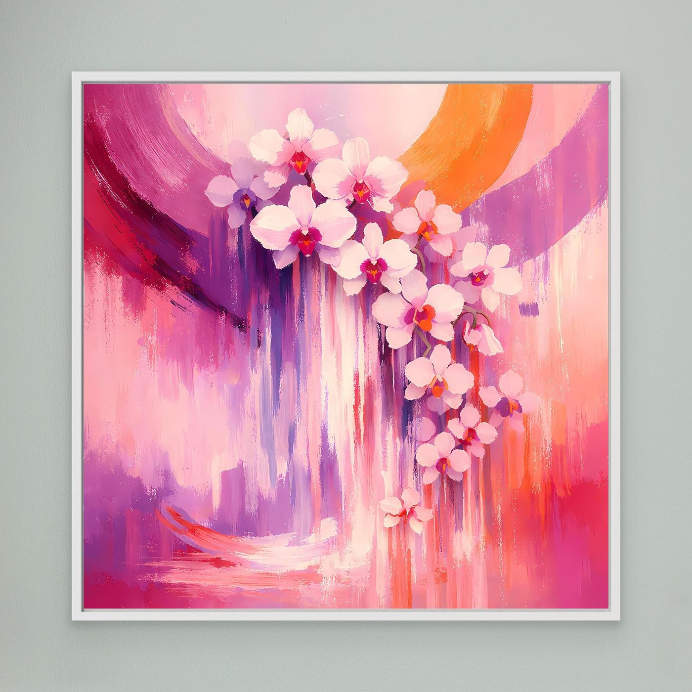 Abstraktes Wandbild mit Orchideenblüten, rosa-violetter Farbverlauf, weißer Rahmen