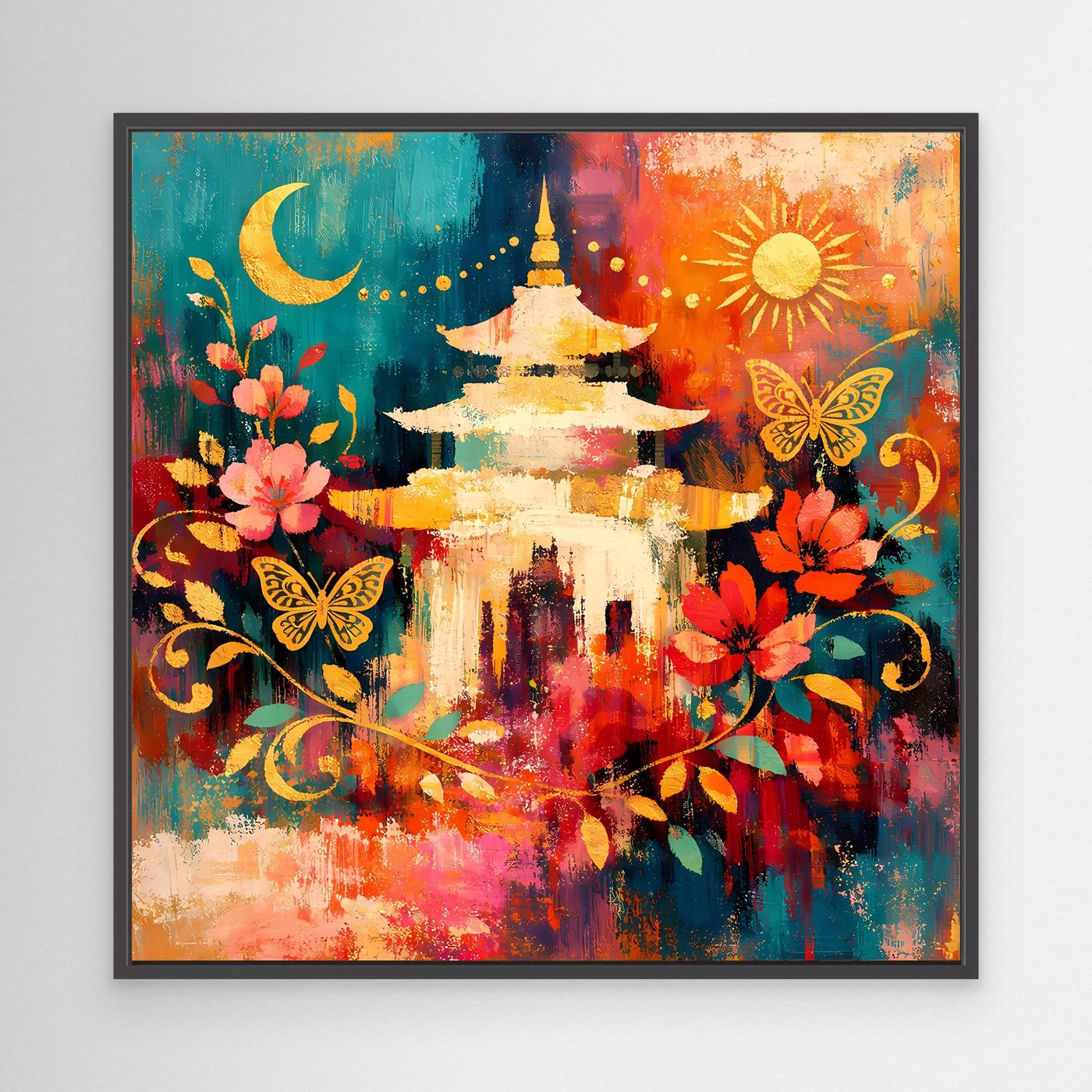 Wandbild mit goldener Pagode, Mond, Sonne, Blumen und Schmetterlingen im schwarzem Rahmen