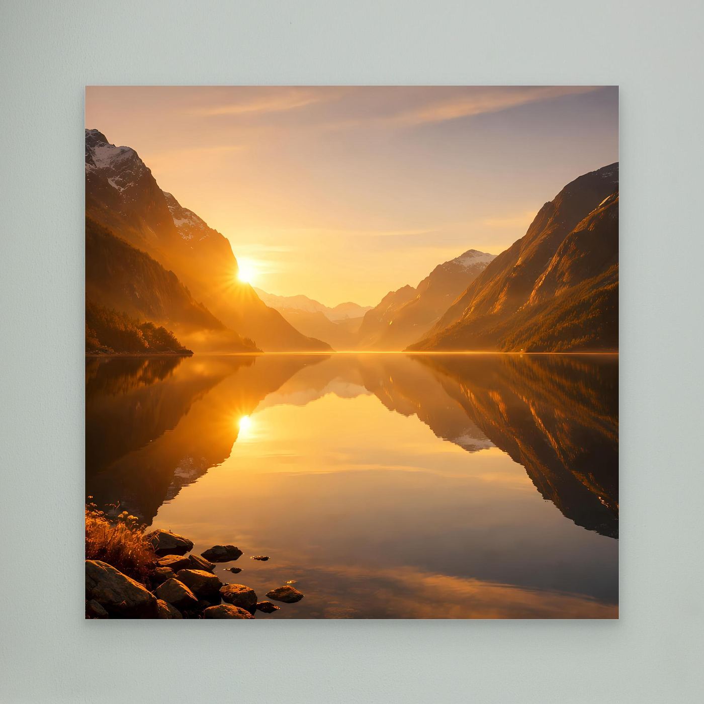 Leinwandbild ohne Rahmen mit goldenem Fjord, Bergen und Sonnenaufgang über spiegelndem See