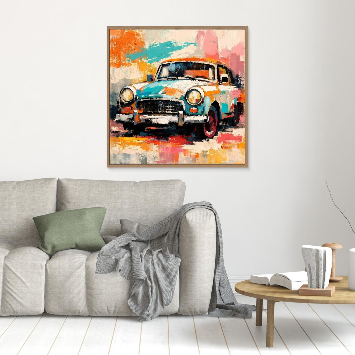 Abstract vintage car wall art in brown frame, teal orange pink brushstrokes