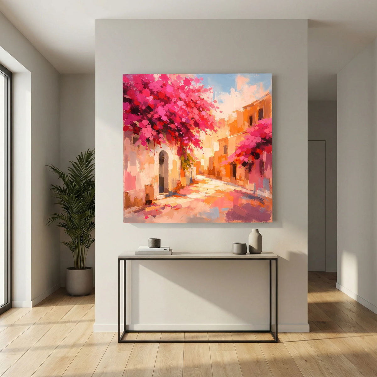 Leinwandbild abstrakte Gasse mit rosa Blütenzweigen, warmem Licht und orange Fassaden