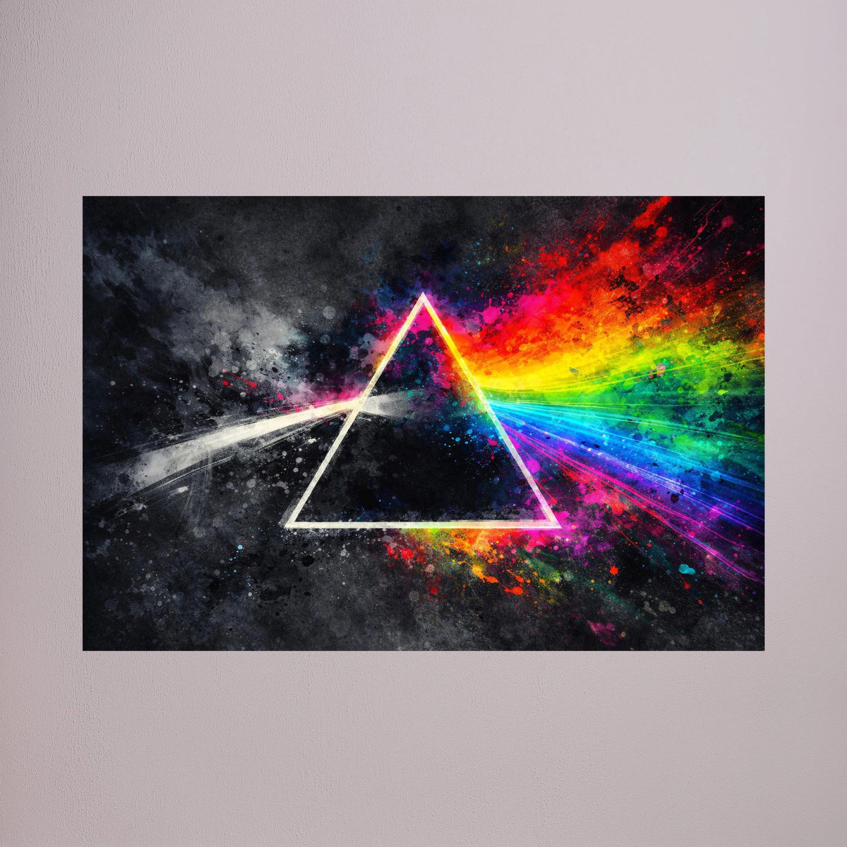 Abstraktes Wandbild-Poster mit regenbogenfarbener Dreiecksprisma-Grafik auf dunklem Hintergrund