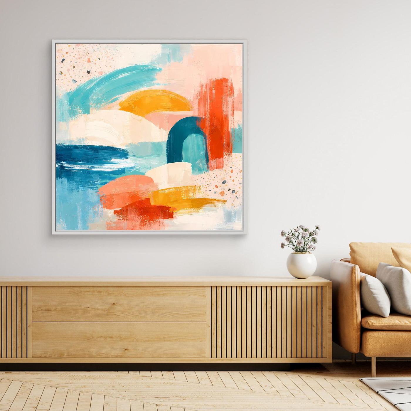 Pastel abstract canvas wall art with light frame and colorful layered shapes