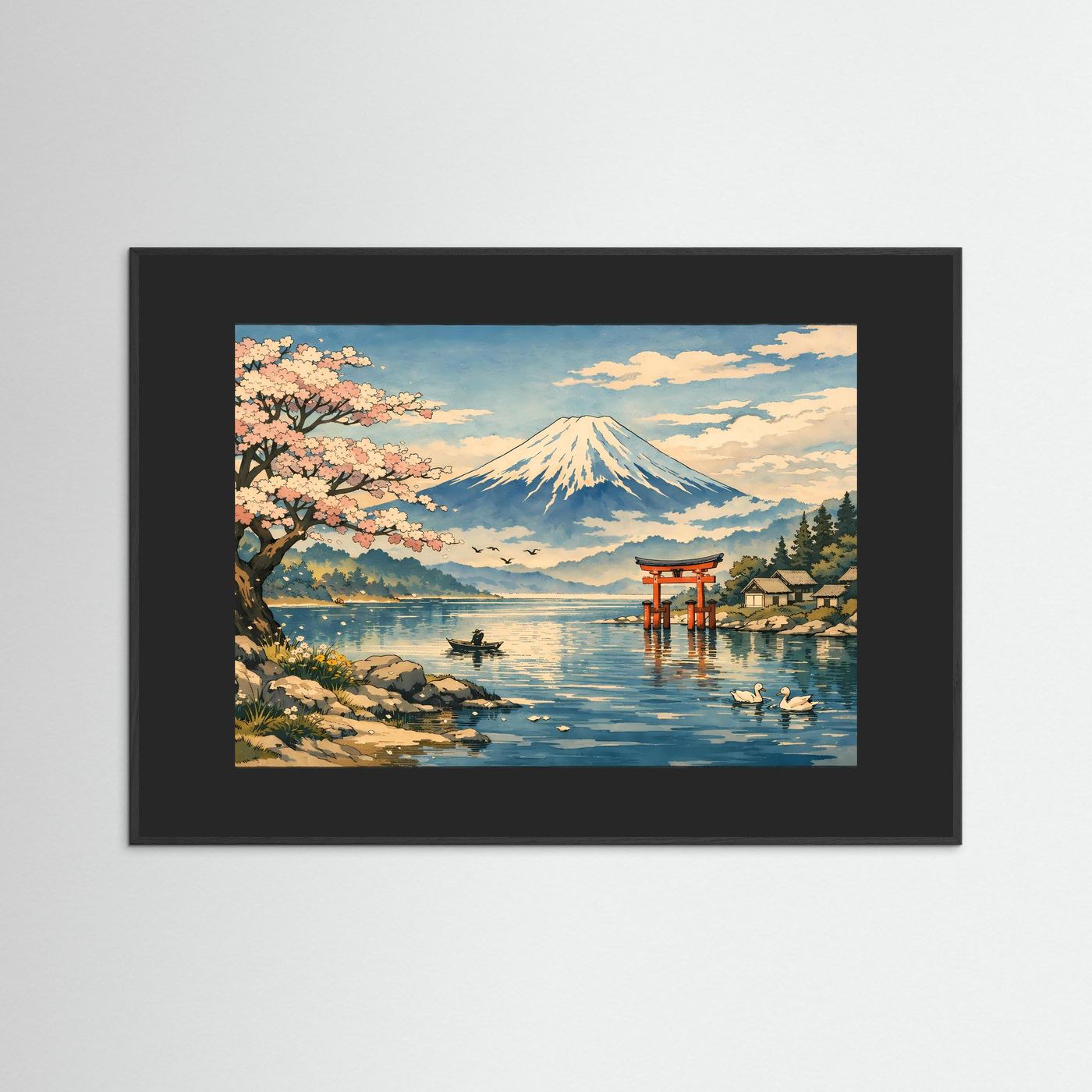 Japanisches Wandbild: Berg Fuji, Kirschblüten am Ufer, Torii am See, dunkelgrauer Rahmen