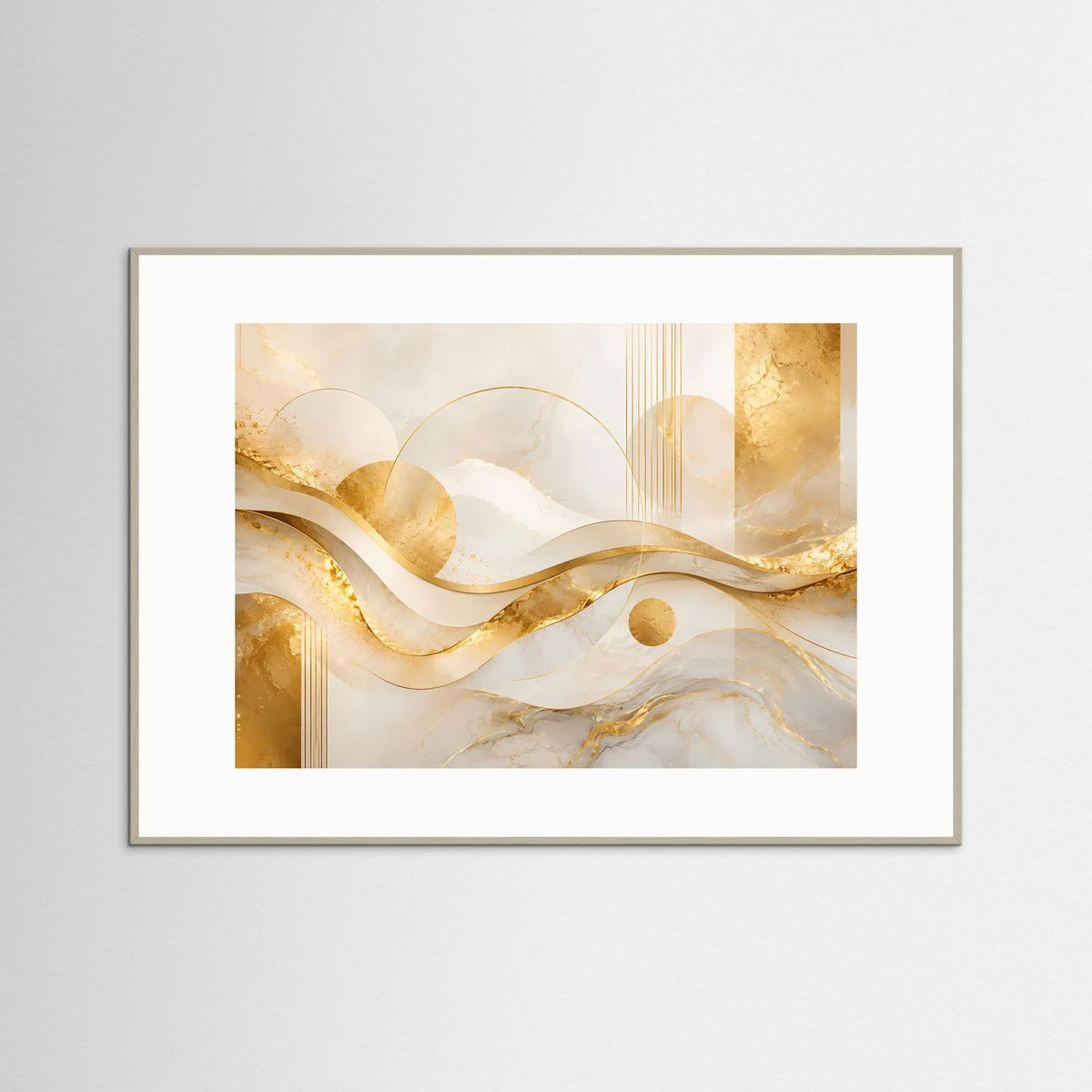 Gerahmtes Querformat-Poster mit abstrakten Wellen in Weiß, Creme und Gold, grauem Rahmen