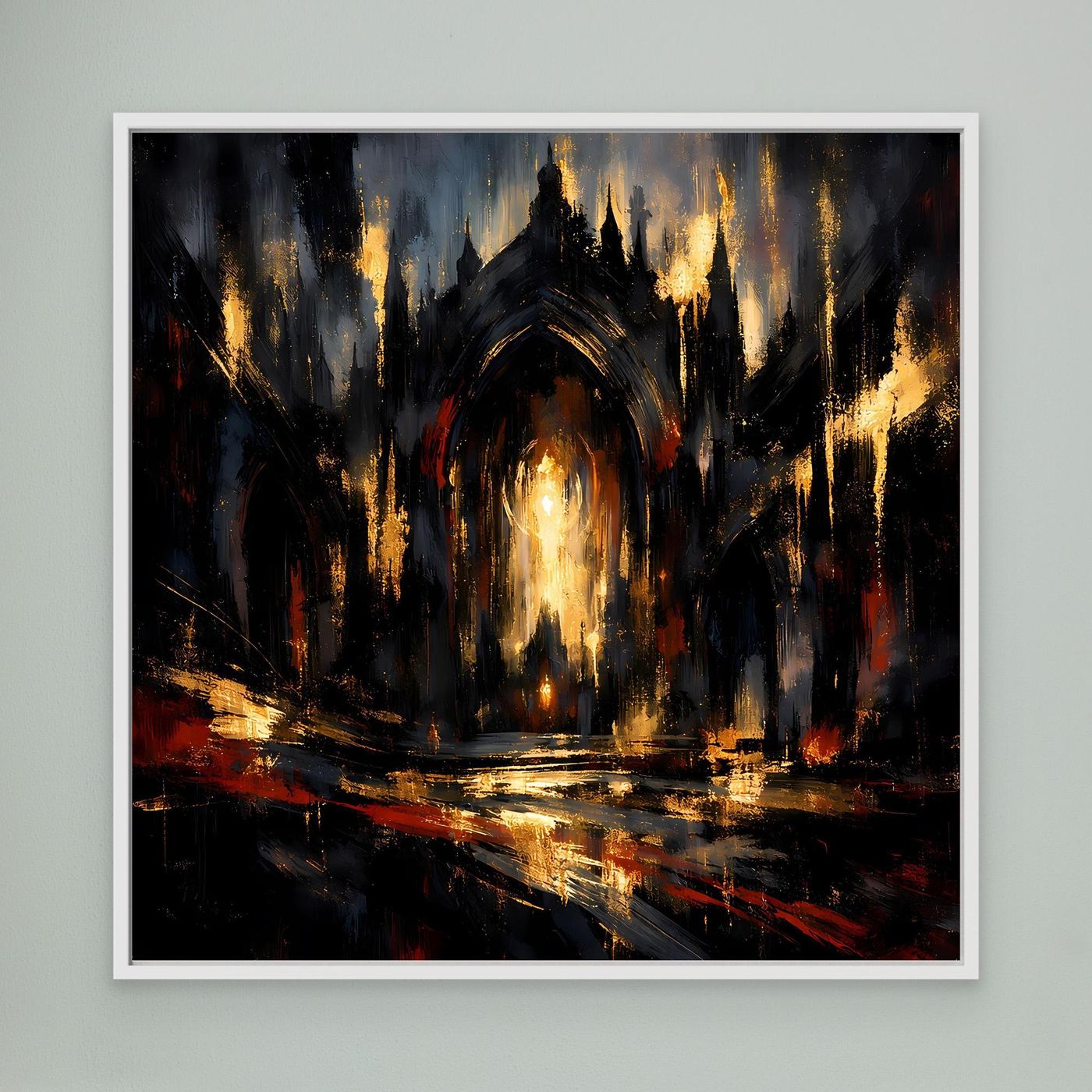 Leinwandbild mit abstrakter gotischer Kathedrale, dunkler Szene, goldene Lichtspitzen im weißen Rahmen