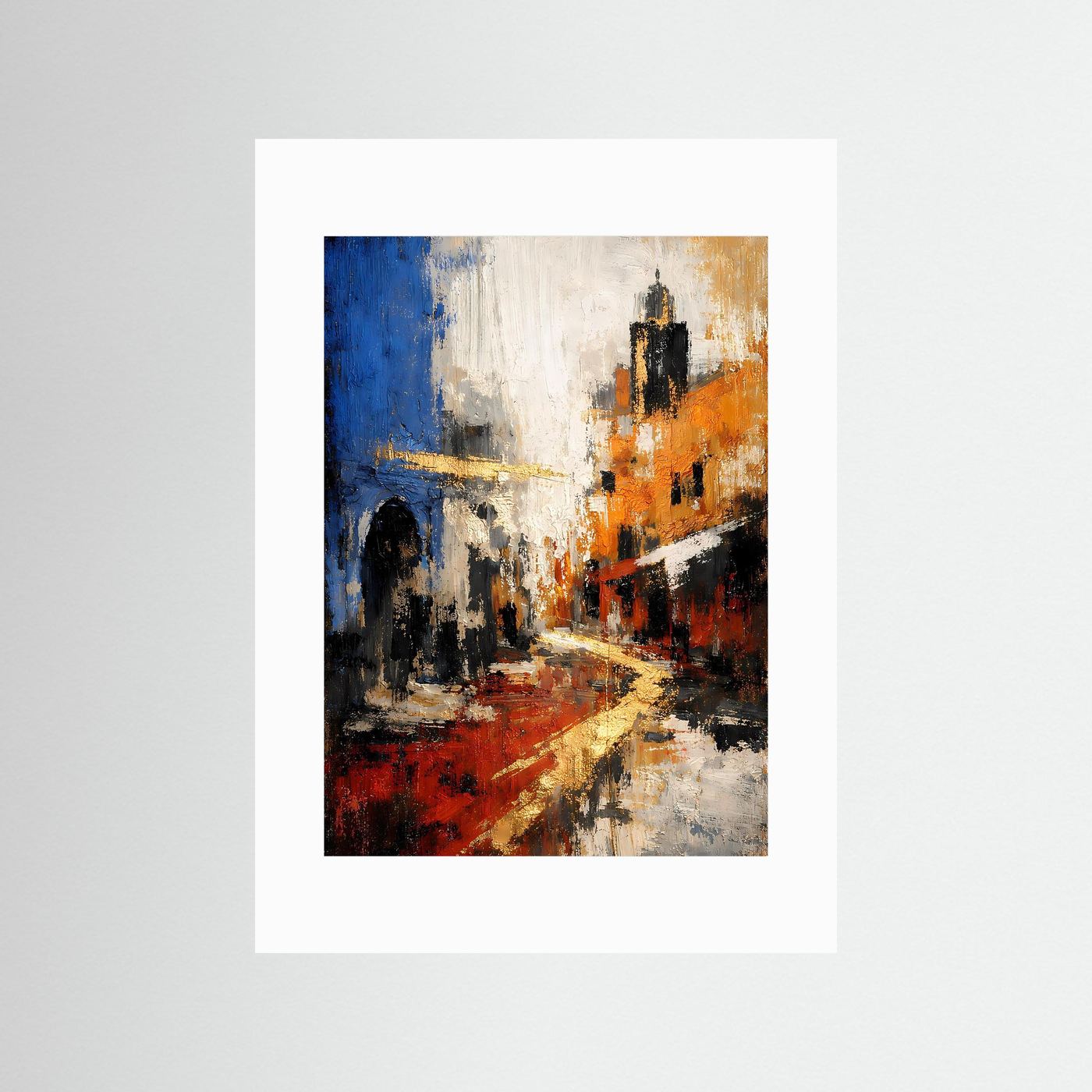Abstraktes Gassen-Poster mit weißem Passepartout, blau-orangefarbene Stadtansicht mit roten Akzenten