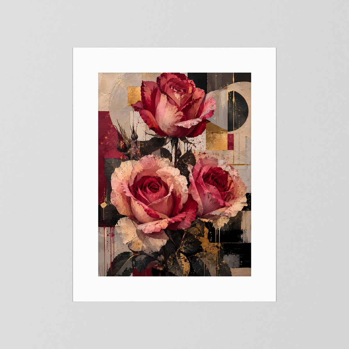 Blumenposter mit Rosen in Rot und Rosa; weißer Rand um die Bildfläche, Hochformat.
