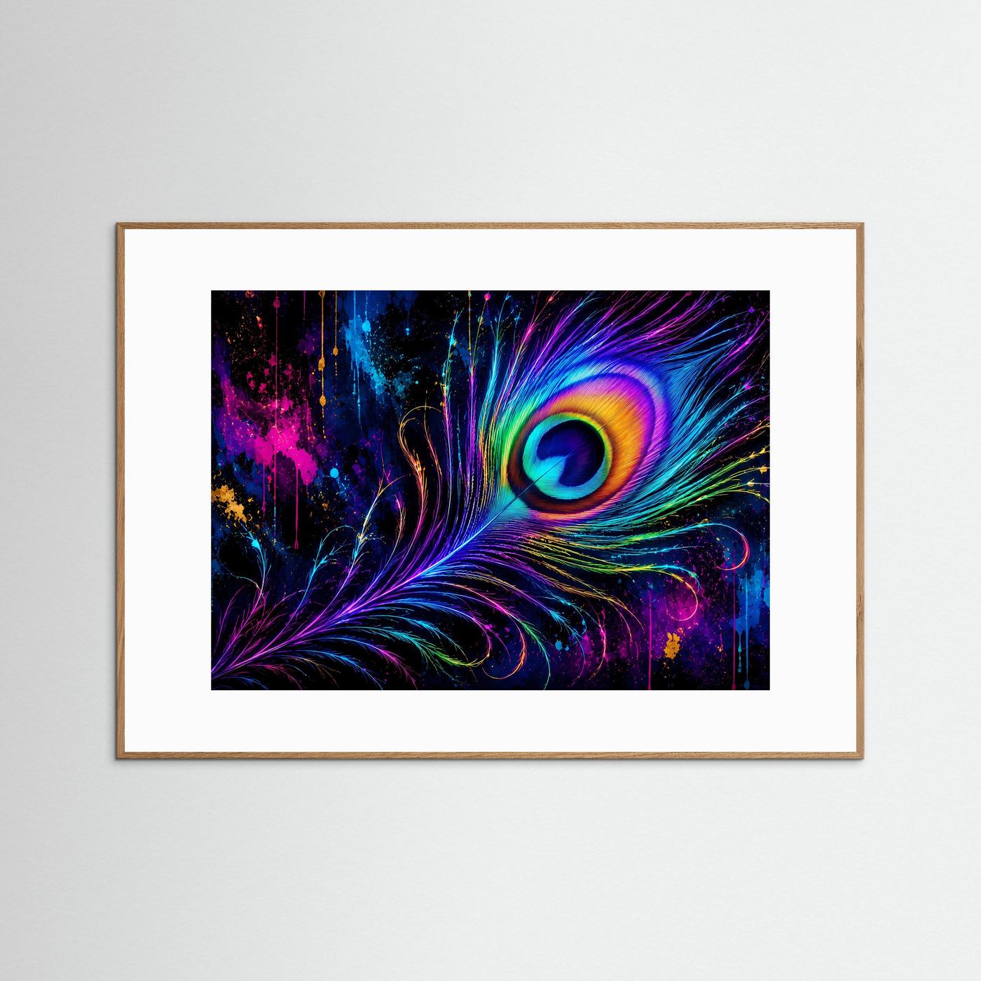 Neon Pfauenfeder in leuchtenden Farben | Abstrakte Regenbogen Kunst – Modernes Poster Querformat
