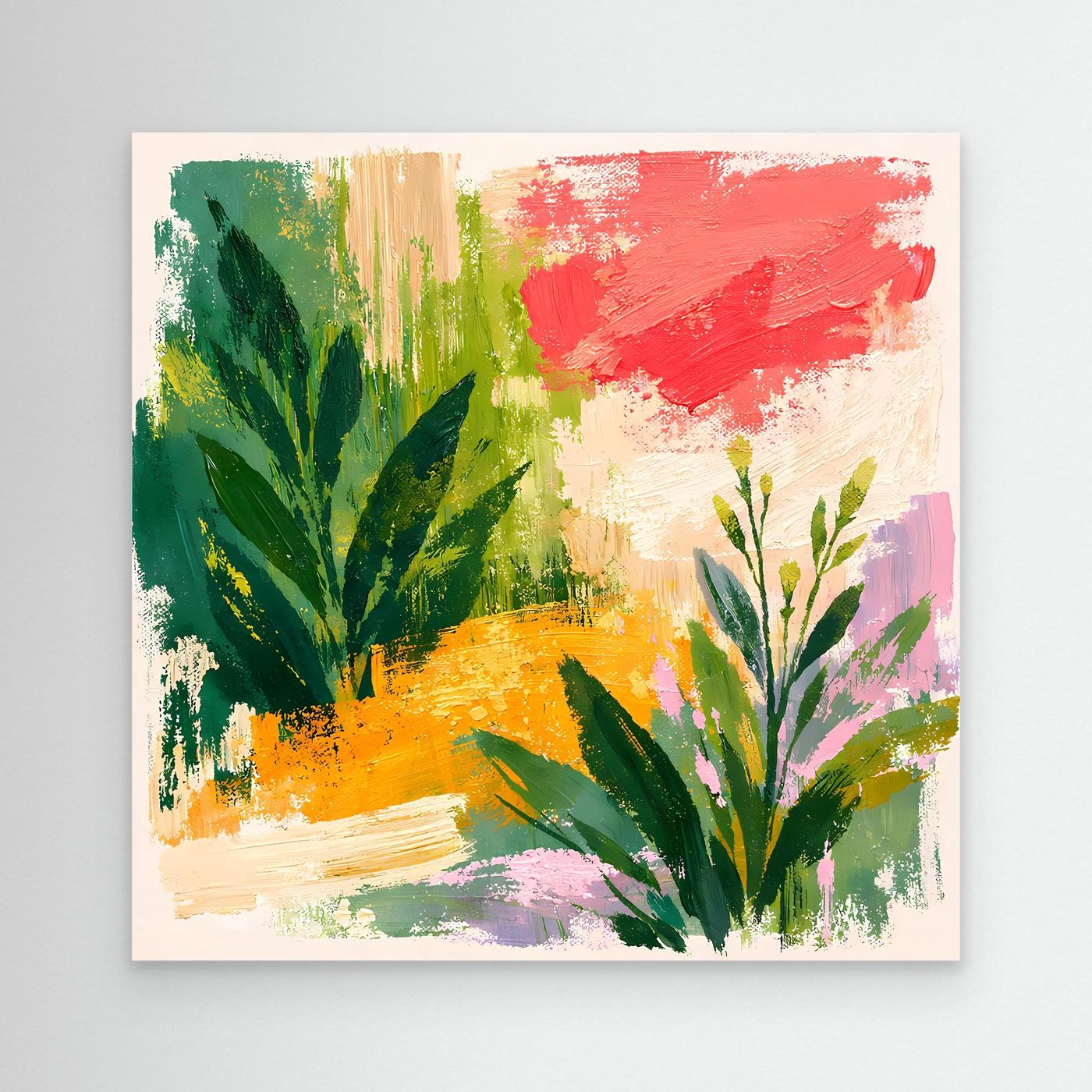 Abstract botanical landscape canvas print with green leaves and red sky strokes