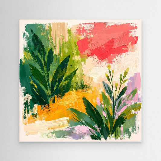 Abstract botanical landscape canvas print with green leaves and red sky strokes