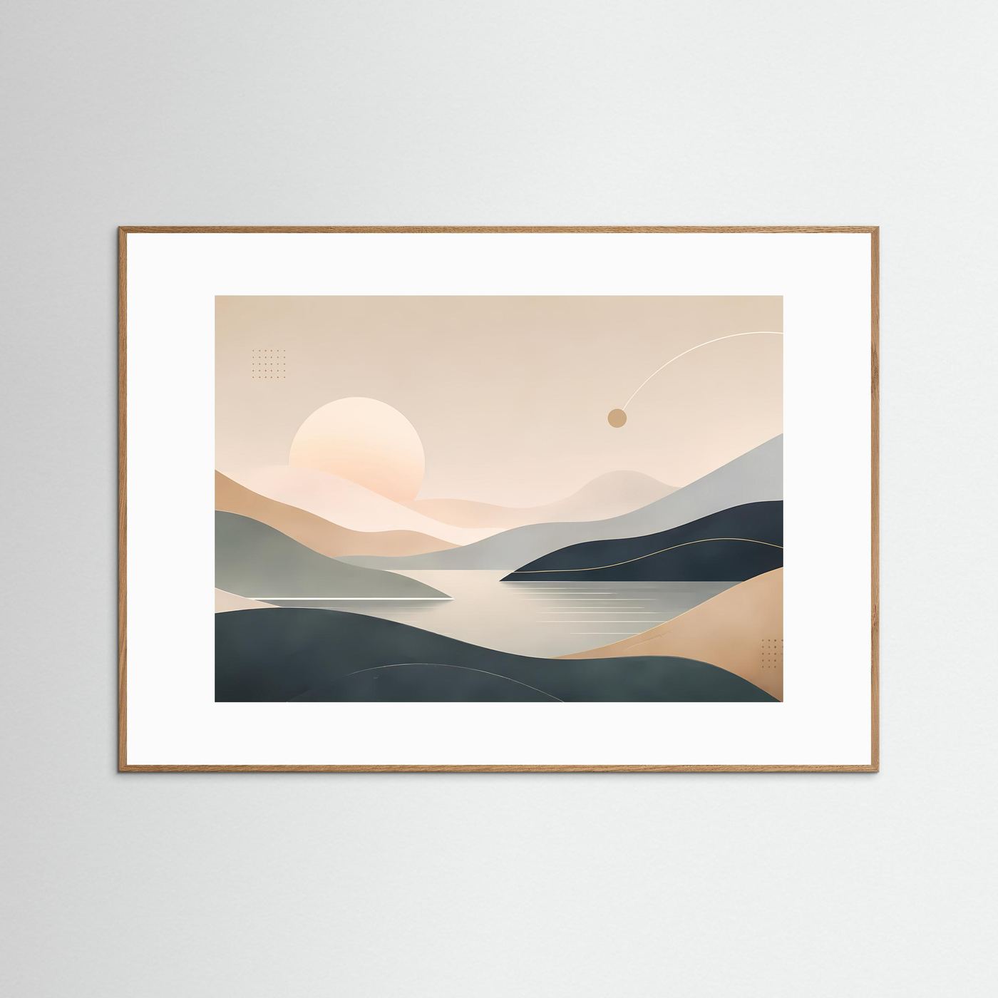 Querformat-Poster mit abstrakter Landschaft und Sonne, brauner Rahmen und weißes Passepartout