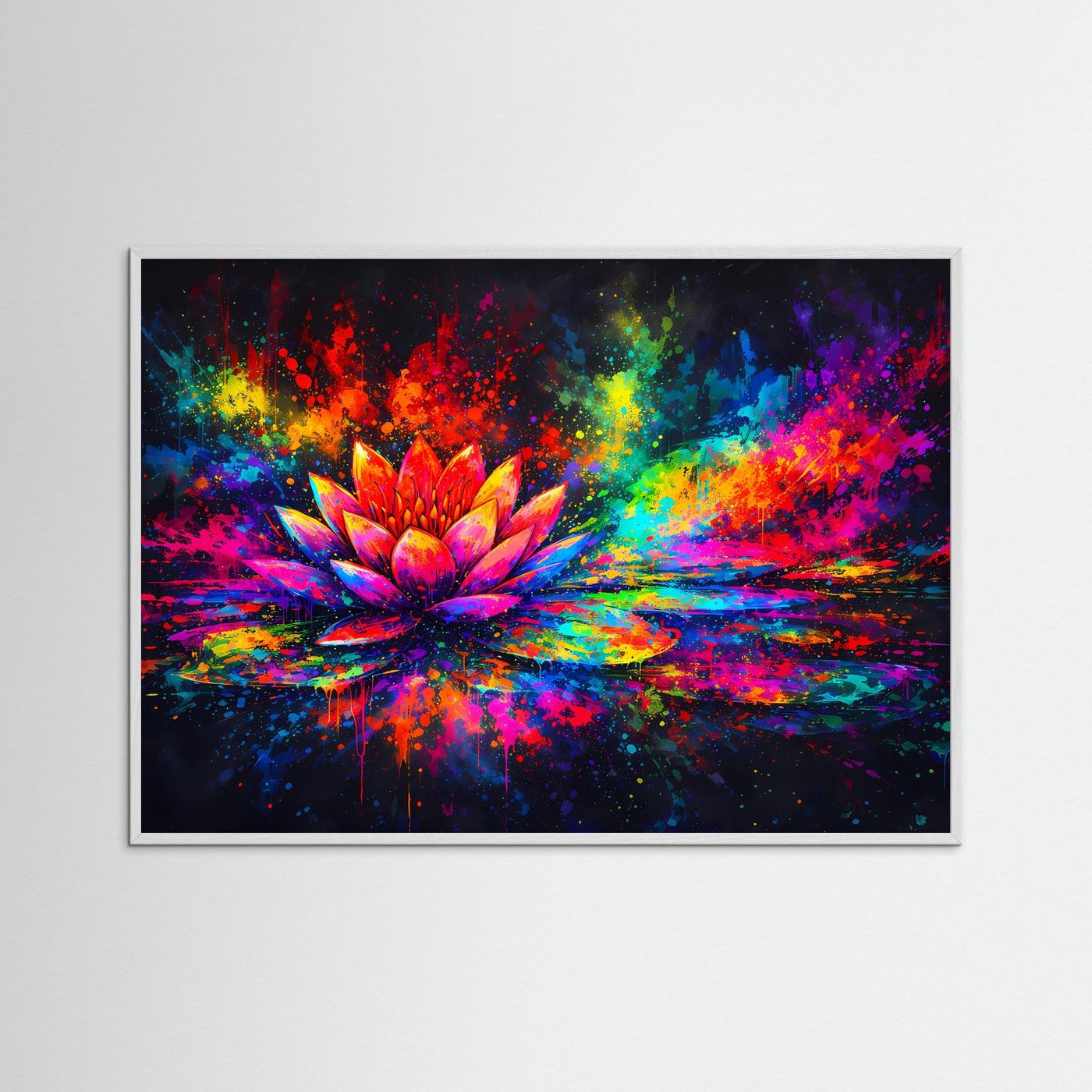 Kunstposter mit Lotusblüte im Graffiti-Look, leuchtende Farbflächen und Sprühpunkte, weißer Rahmen
