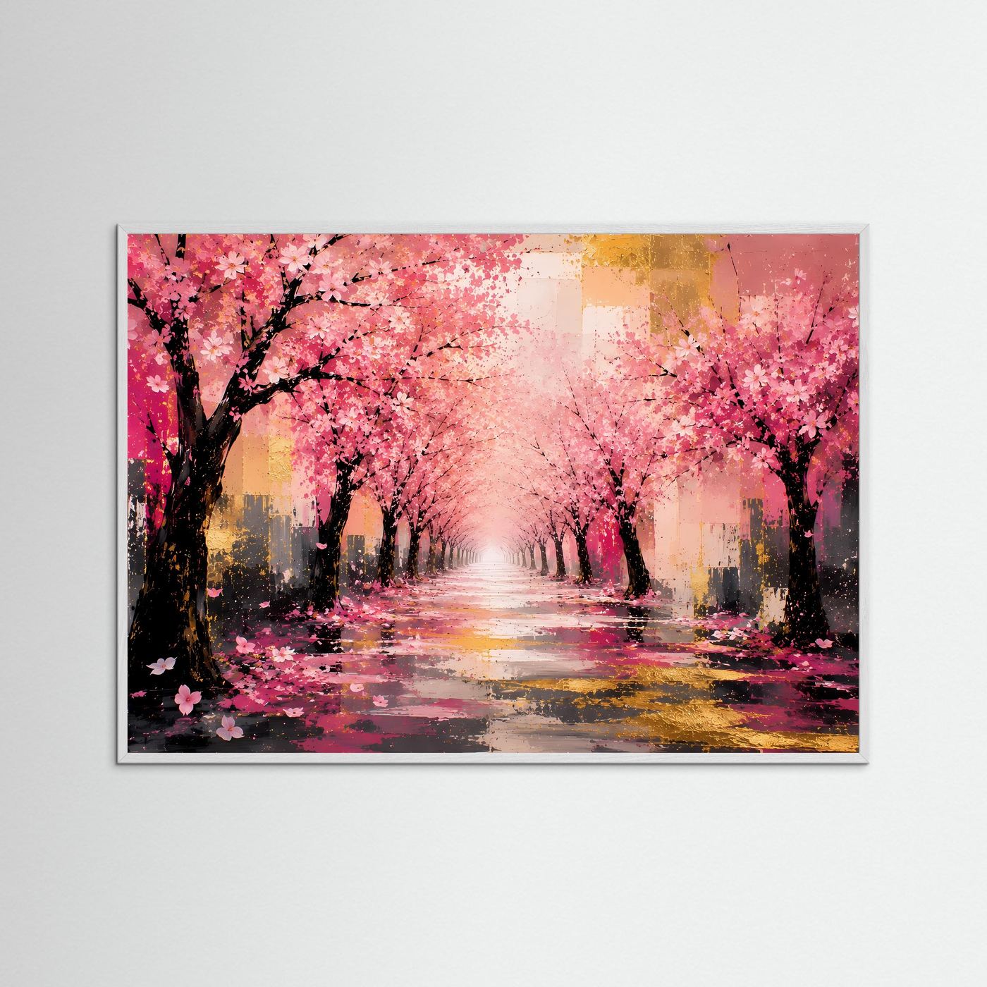 Kirschblütenallee in Rosa & Gold | Abstraktes Frühlings-Wandbild in Premiumqualität