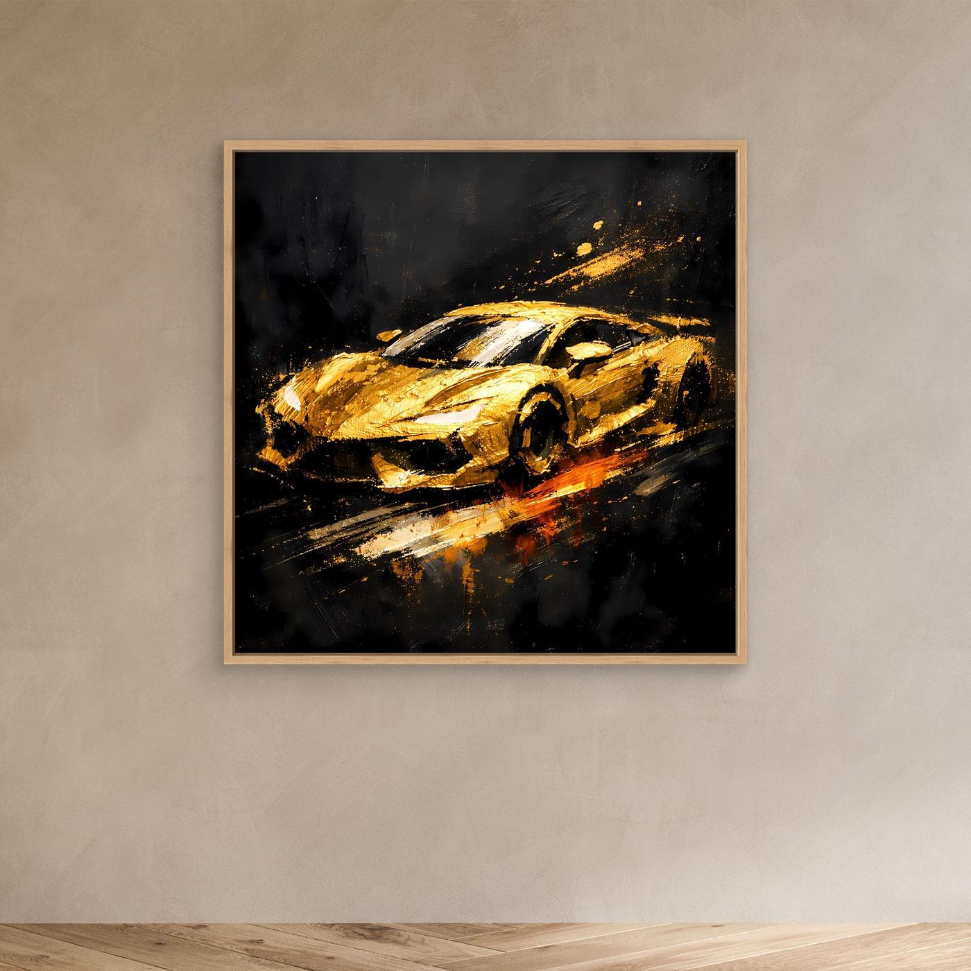 Leinwand Goldener Sportwagen Abstrakt | Modernes Rennwagen Wandbild Schwarz Gold