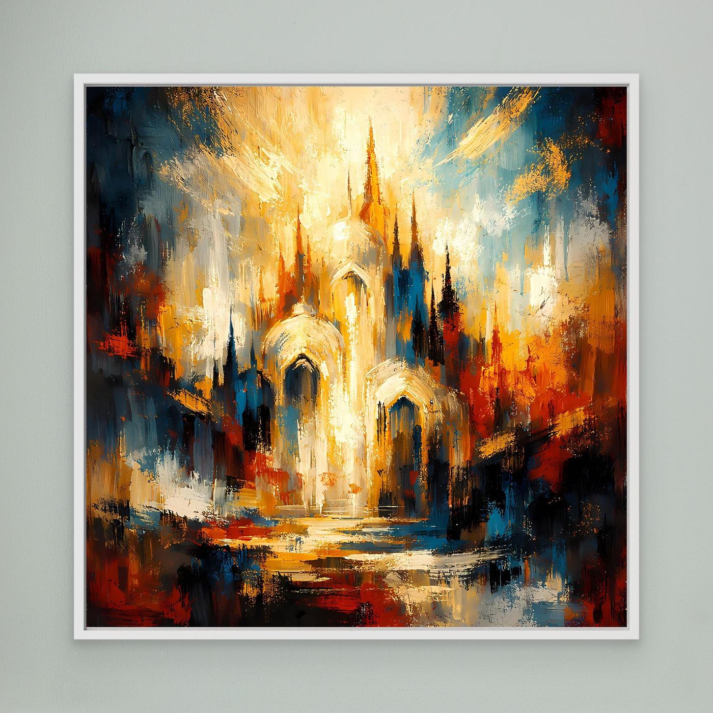 Leinwandbild „Goldene Kathedrale“: abstrakte Architektur in Gold und Blau, mit weißem Rahmen