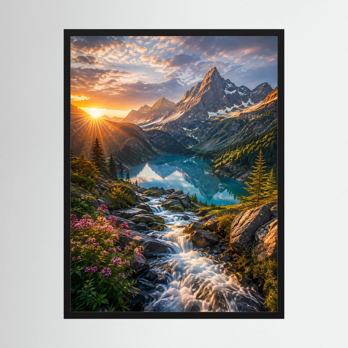 Poster Hochformat: Bergsee, Wasserfall und Berge im Sonnenuntergang, schwarzer Rahmen