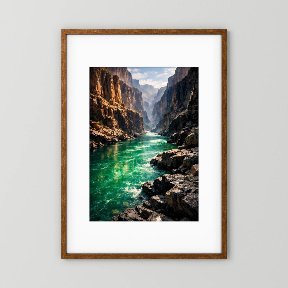 Wandbild Hochformat mit Canyon-Fluss-Landschaft im dunklen Holzrahmen