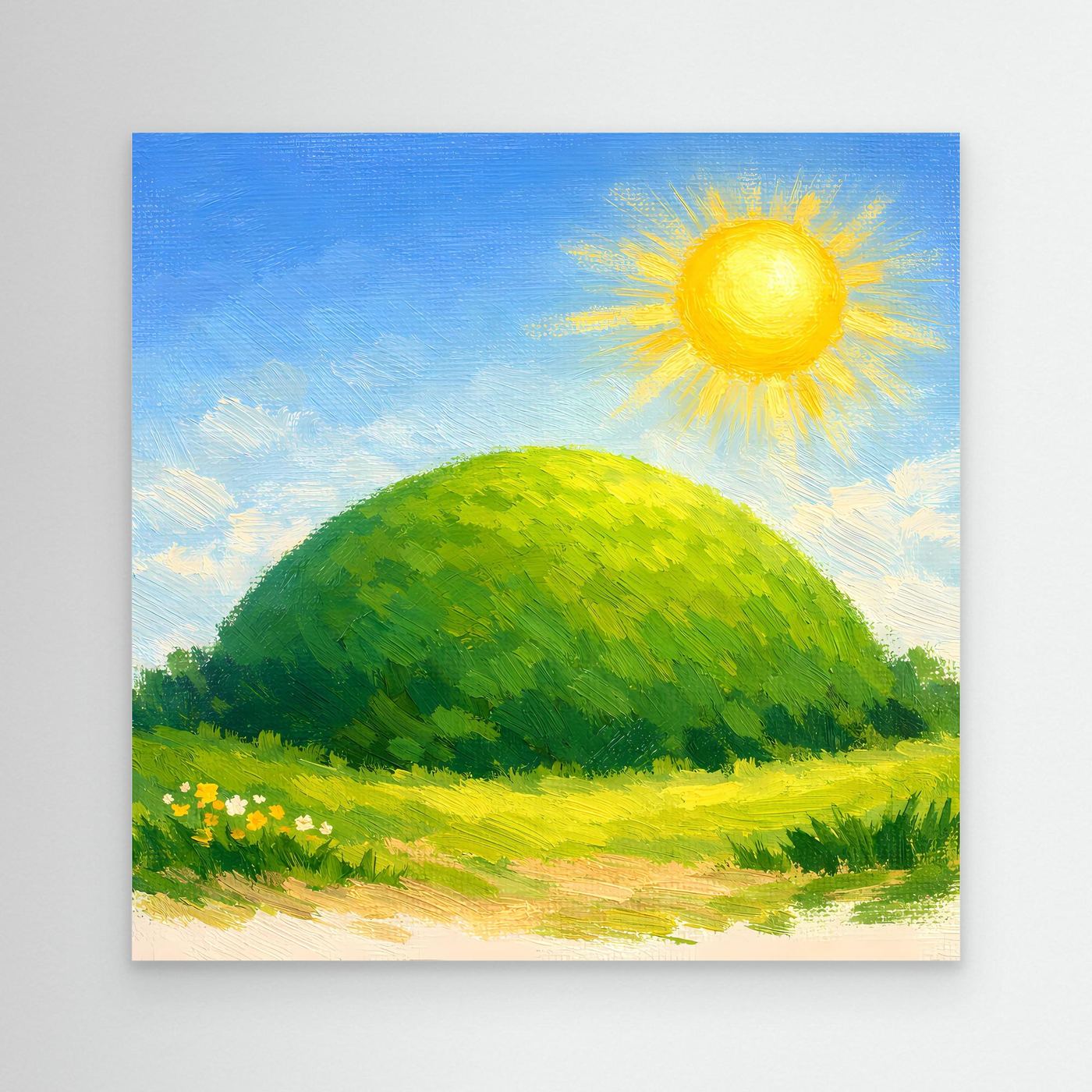 Leinwandbild ohne Rahmen: grüner Hügel mit gelber Sonne und Blumenwiese