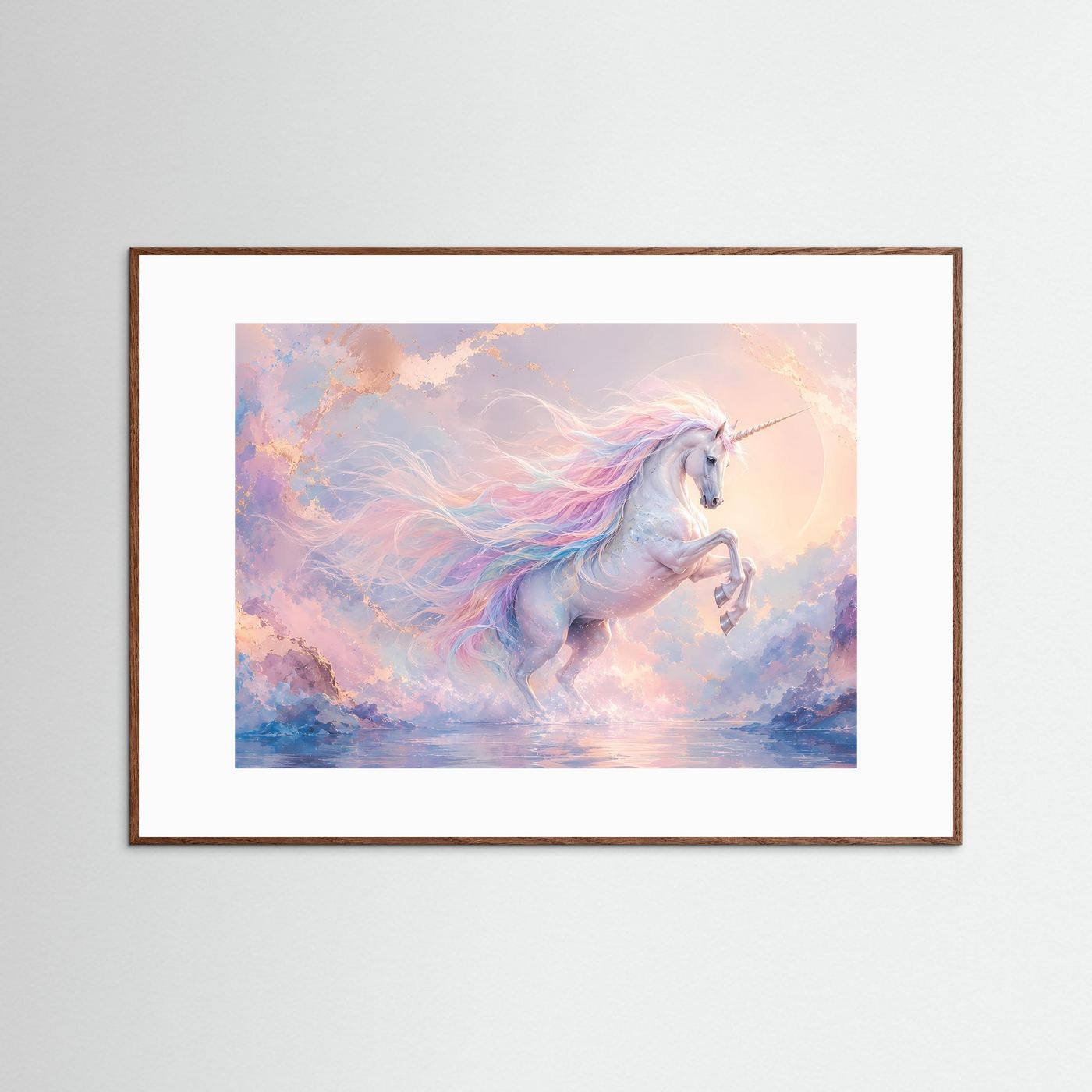Magisches Einhorn in Pastell | Fantasie Wandbild in Rosa, Blau & Gold