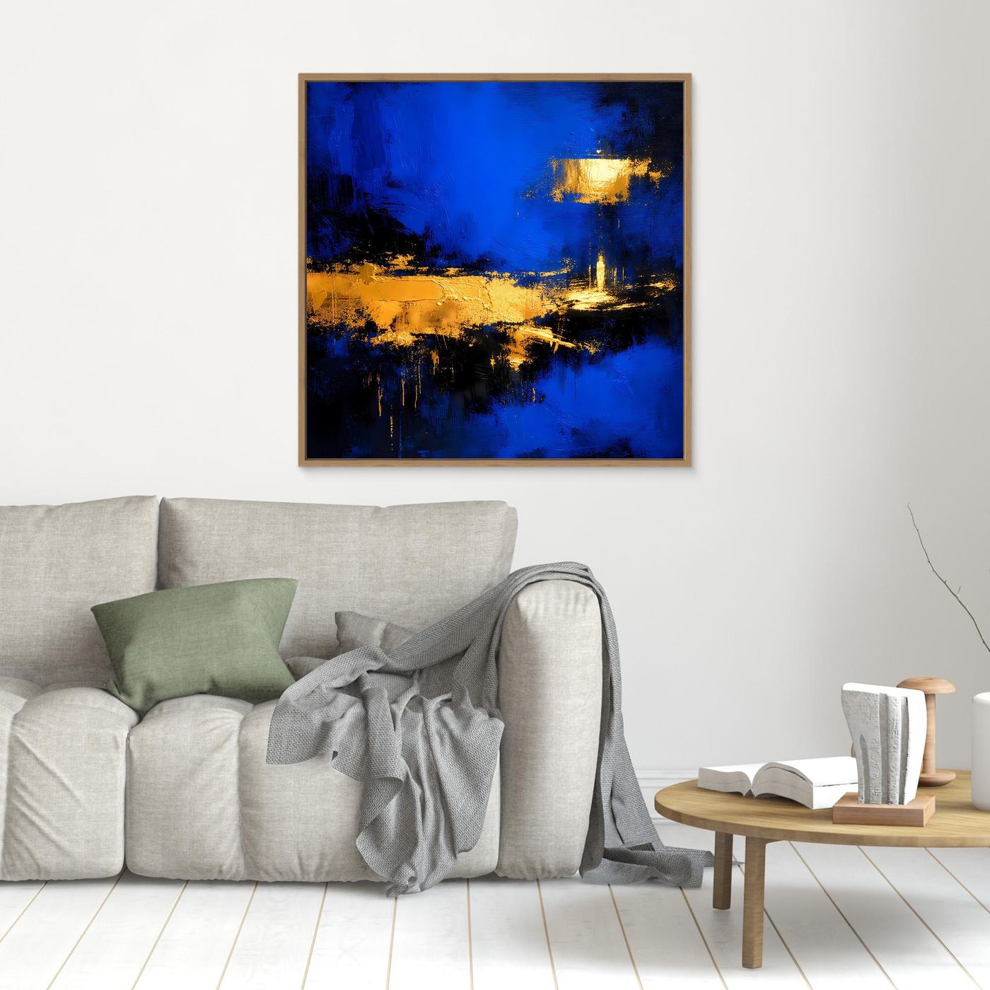 Leinwand Abstrakte Meereslandschaft bei Nacht | Modernes Küsten Wandbild in Blau und Gold
