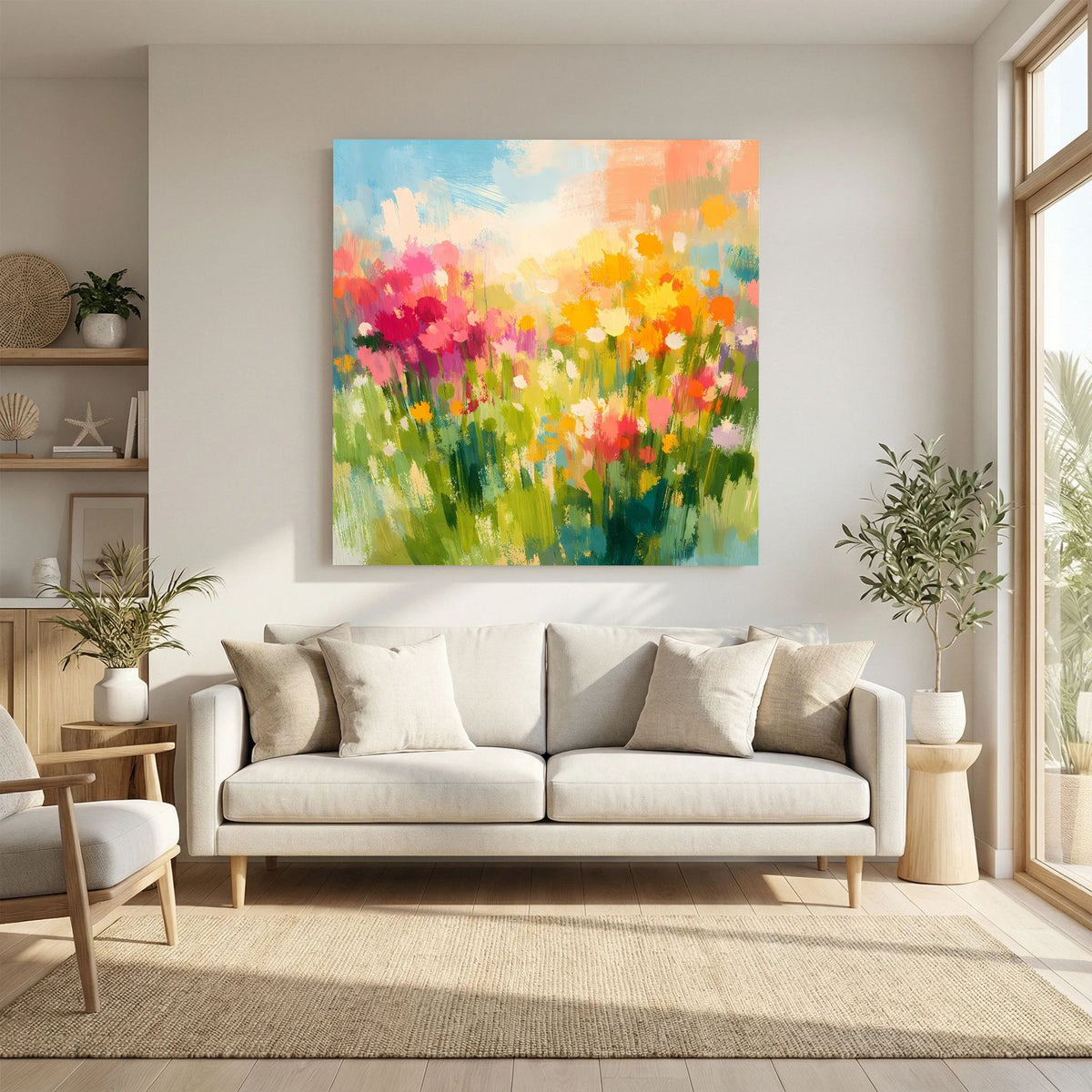 Leinwandbild mit abstrakten Wildblumen über Couch, rechteckig, heller Holzrahmen