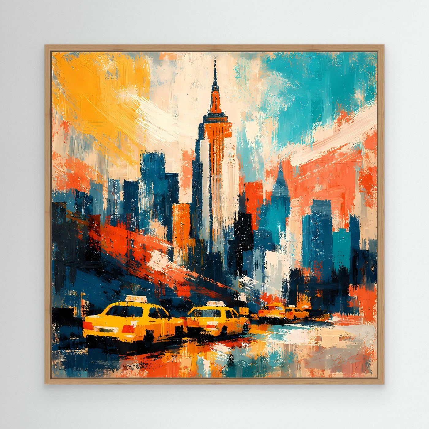 Gerahmtes abstraktes Wandbild mit New-York-Skyline, gelben Taxis und Wolkenkratzern in Blau/Orange.