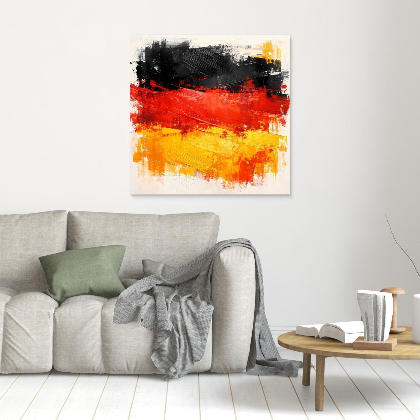 Small abstract canvas wall art with black, red, and yellow brushstrokes in no visible frame