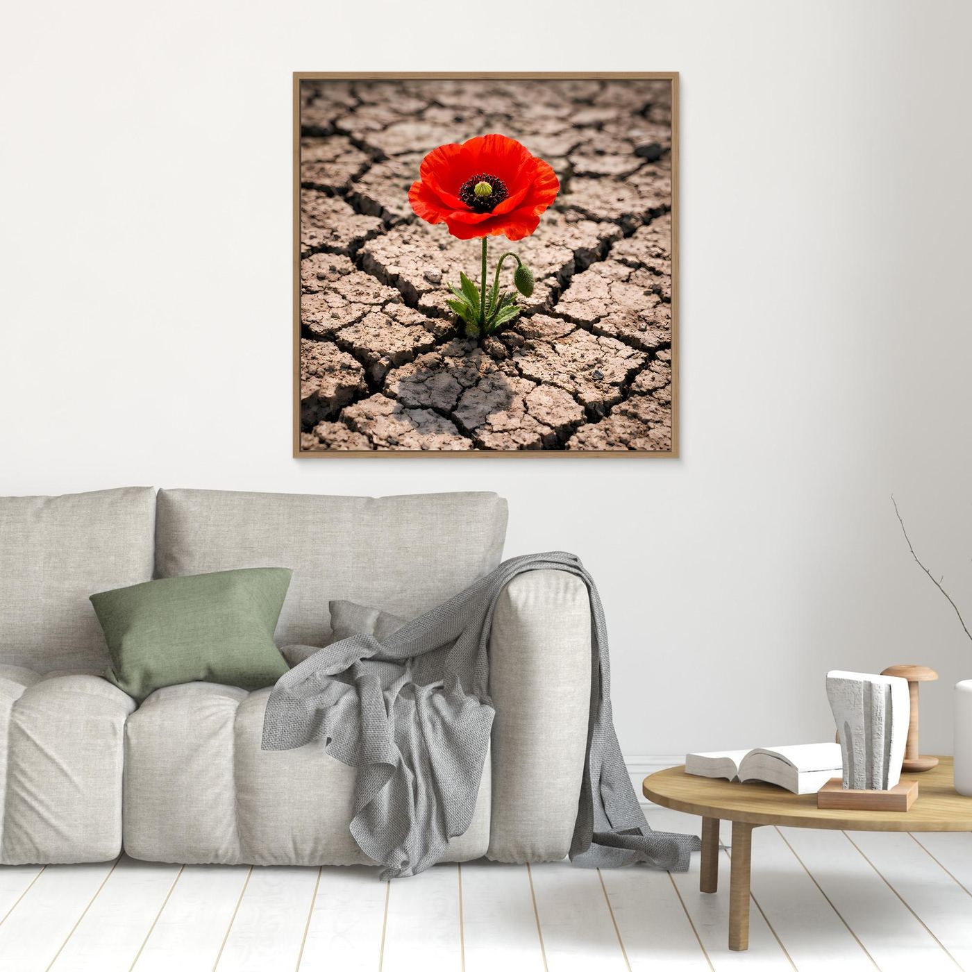 Kleines Leinwandbild mit roter Mohnblume auf rissigem, trockenem Boden im Holzrahmen