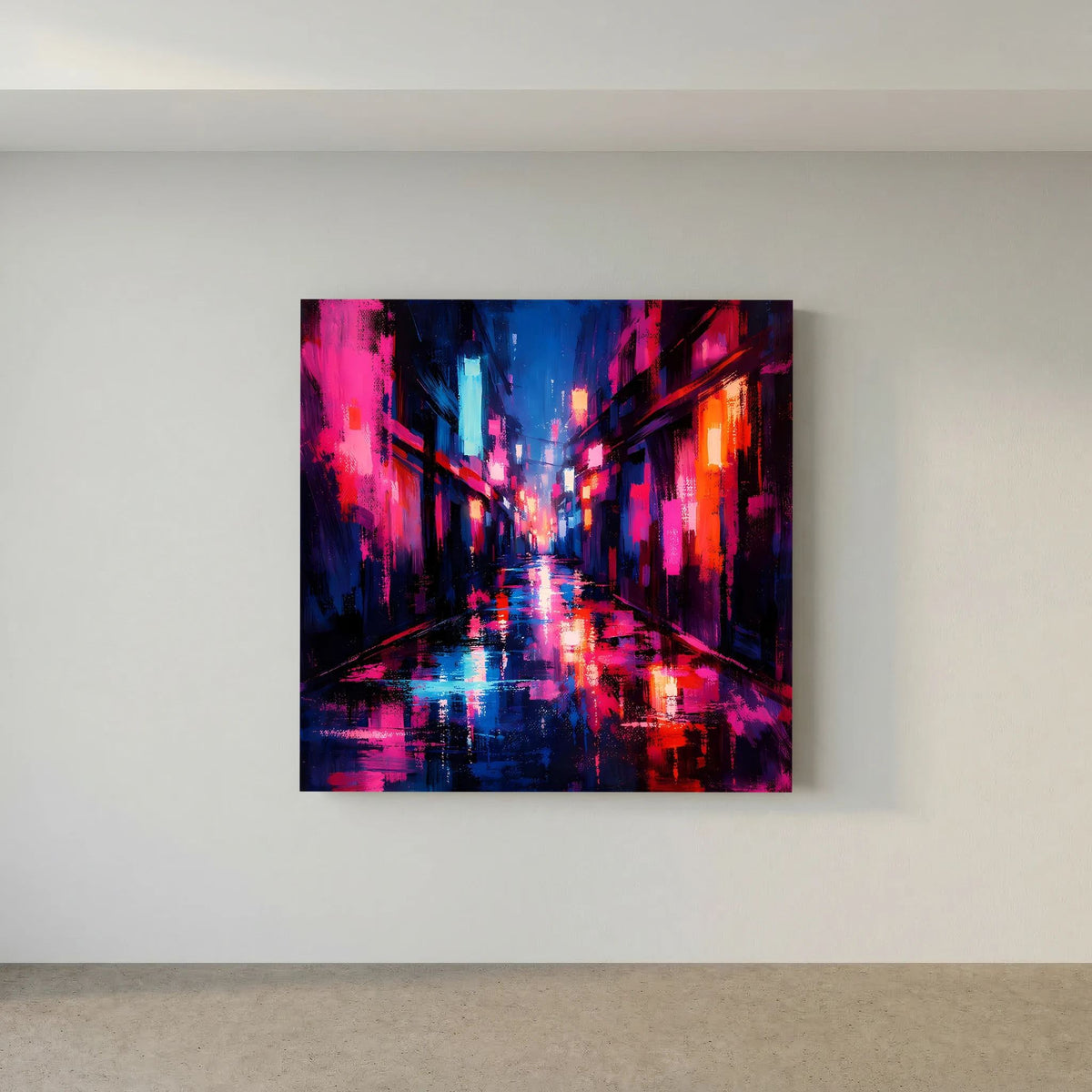 Neon-Wandbild quadratisch an heller Wand: Regenstraße in einer City-Gasse, blaues und pinkes Licht