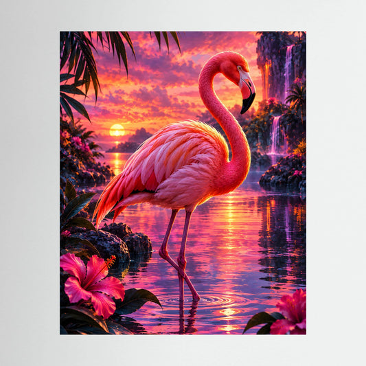 Flamingo-Tierposter mit pinkem Flamingo im Sonnenuntergang, Wasser und Tropenlandschaft im Hochformat