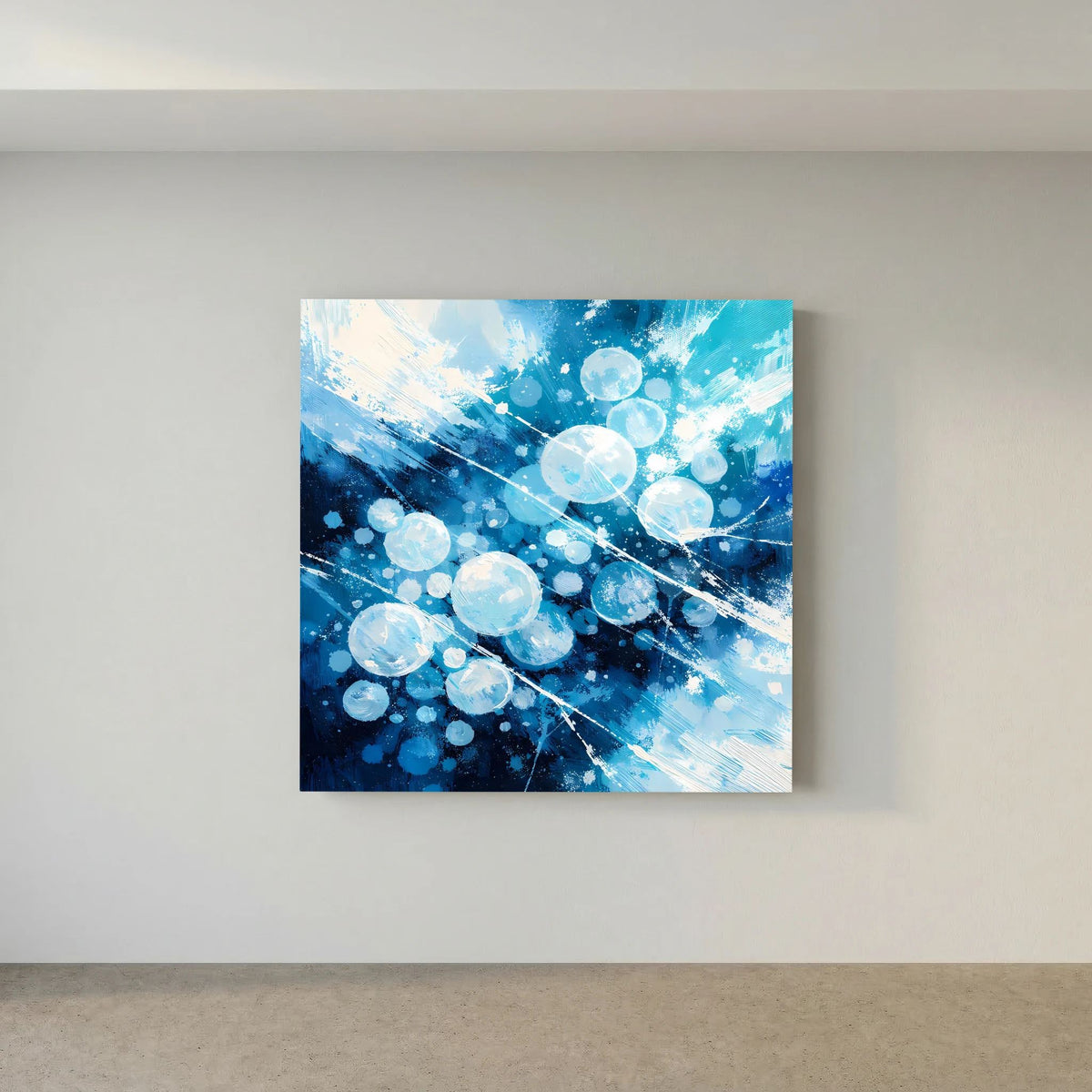 Quadratisches Leinwand-Wandbild mit blauen, schimmernden Blasen und dynamischen Strichen.