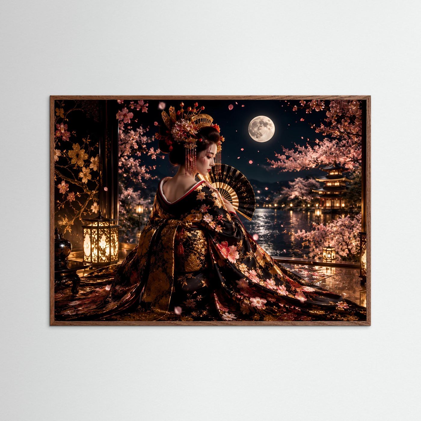 Elegante Geisha unter Kirschblüten | Japanische Kunst & Mondschein Poster Querformat