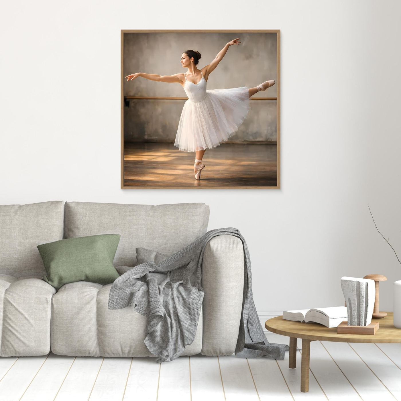 Wandbild mit Ballerina im weißen Tüllkleid, goldbrauner Rahmen, ganzer Tanzkörper