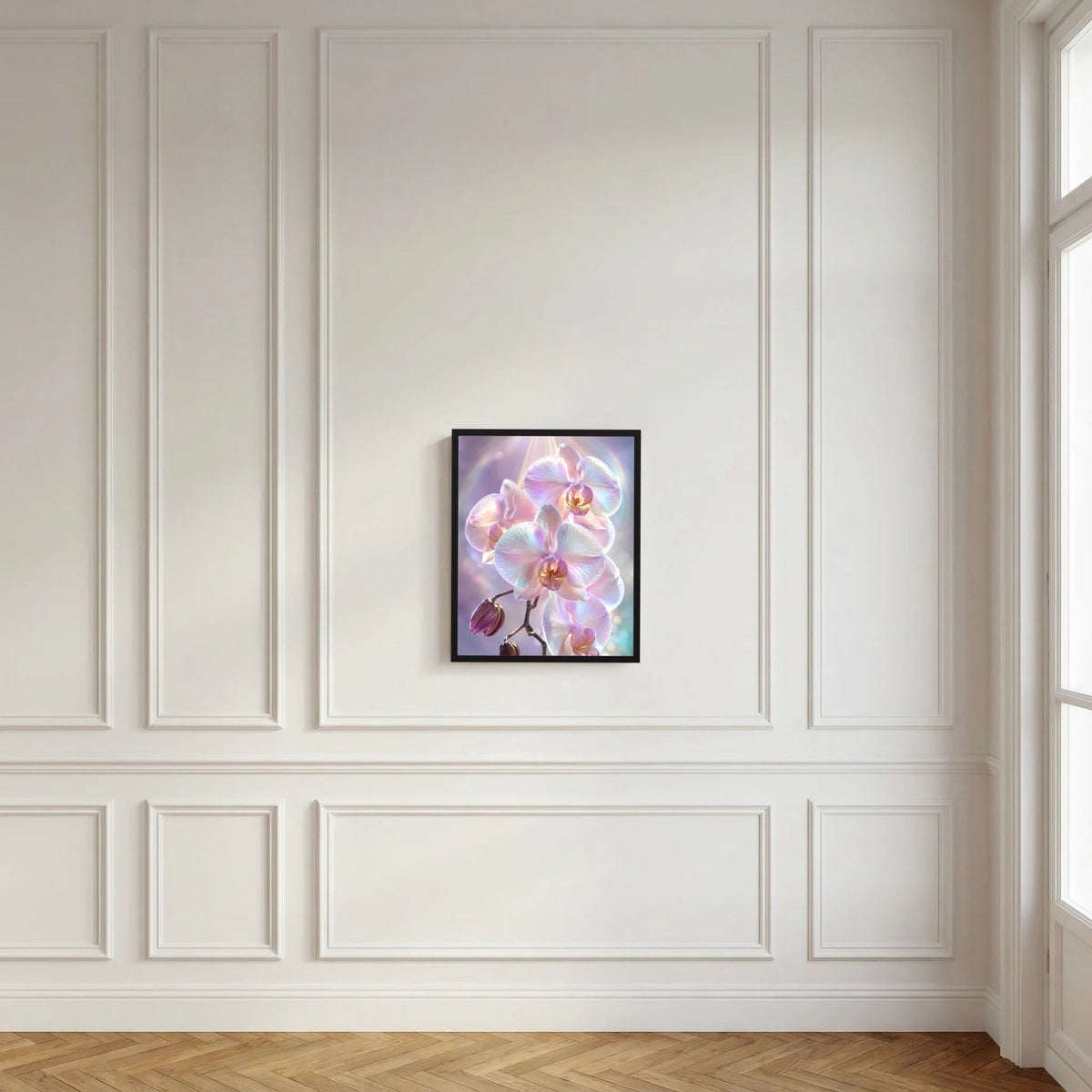 Gerahmtes Kunstposter mit schimmernden Orchideenblüten in Rosa und Perlmutt