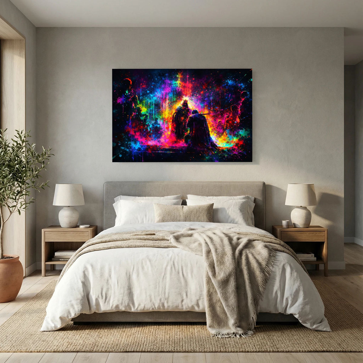 Wandbild mit schwarzem Rahmen, Königssilhouette in regenbogenfarbenen Farbsternen, Querformat