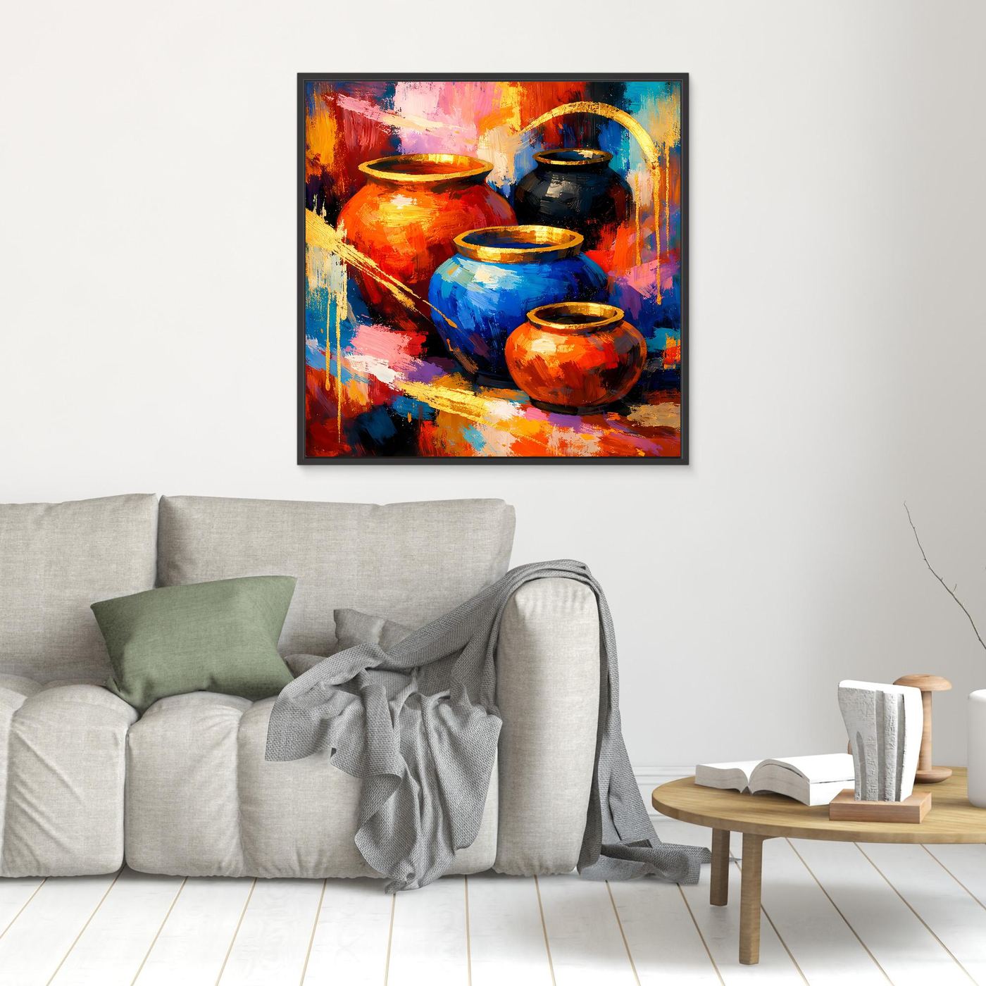 Kleines Leinwandbild mit abstrakten Keramikvasen, orange und blau, dunkler Rahmen
