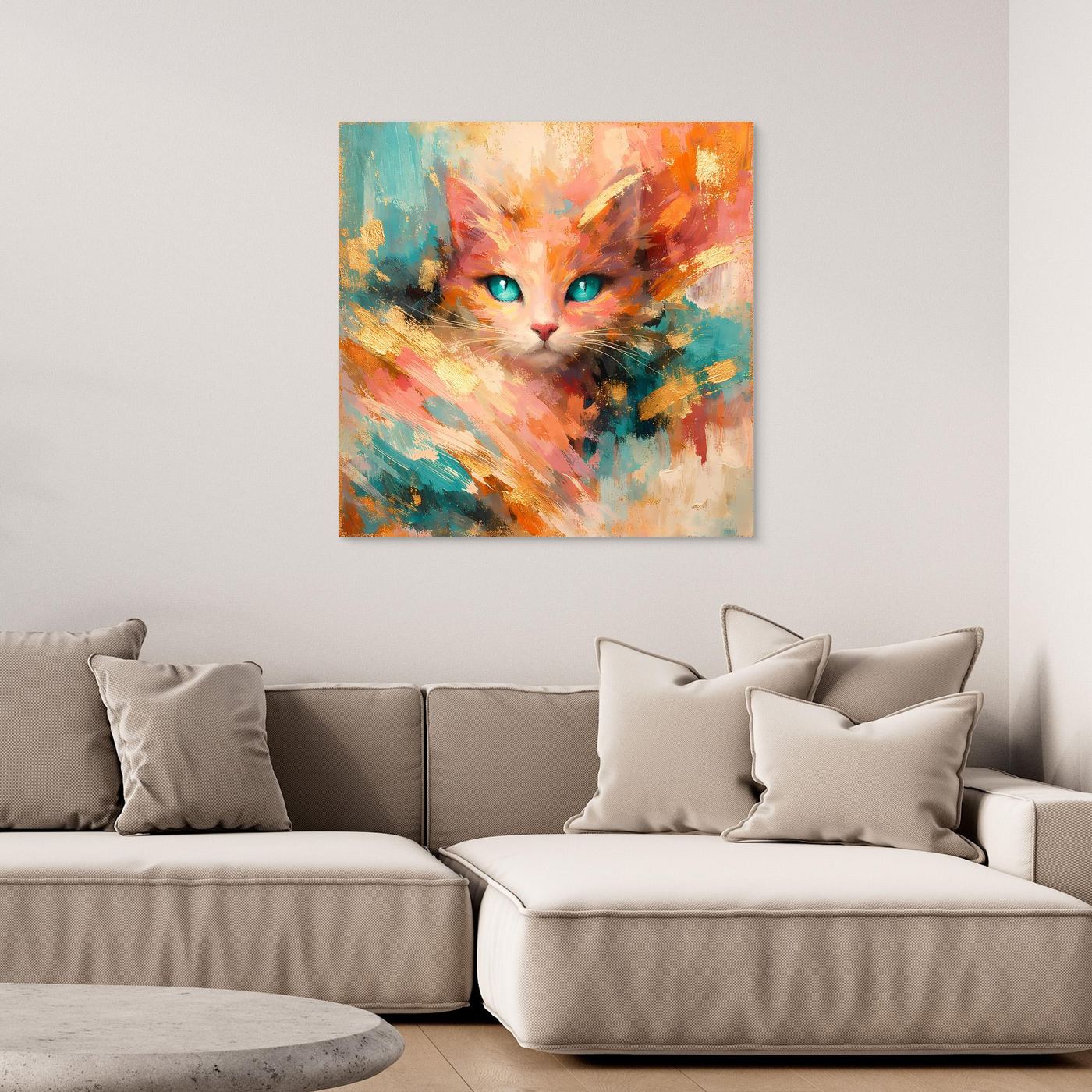 Leinwandbild abstrakte Katze mit türkisfarbenen Augen, buntes Farbmuster