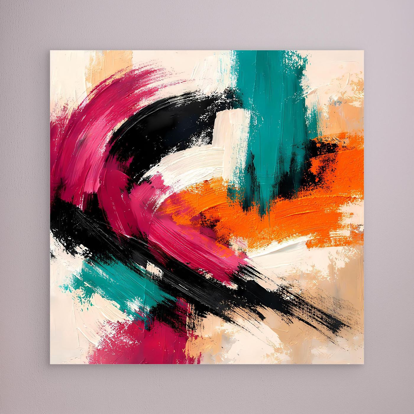 Abstraktes Leinwandbild mit Pinselstrichen in Pink, Grün, Orange und Schwarz