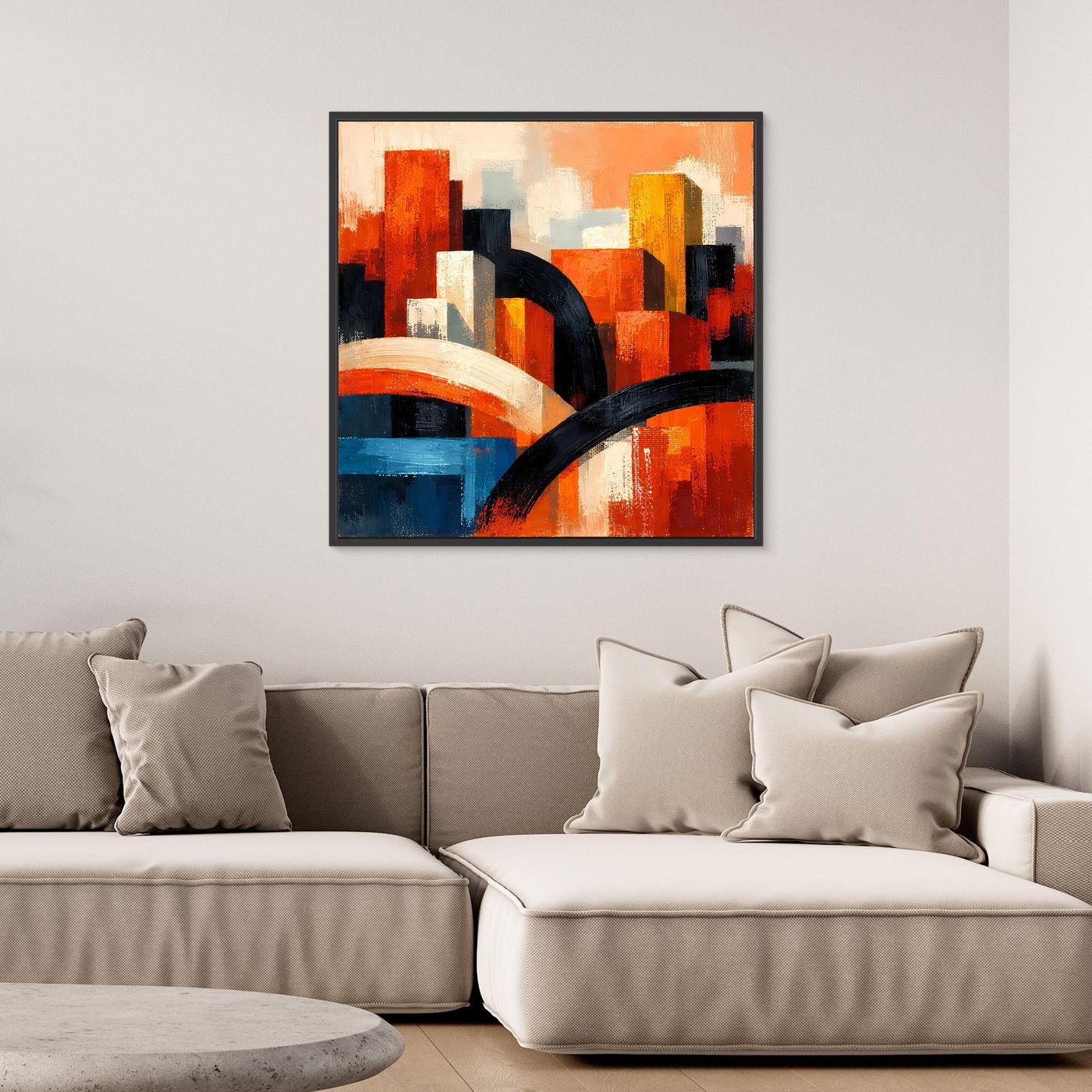 Leinwandbild mit dunklem Rahmen, abstrakte Skyline mit schwarzen Kurven und roten Akzenten