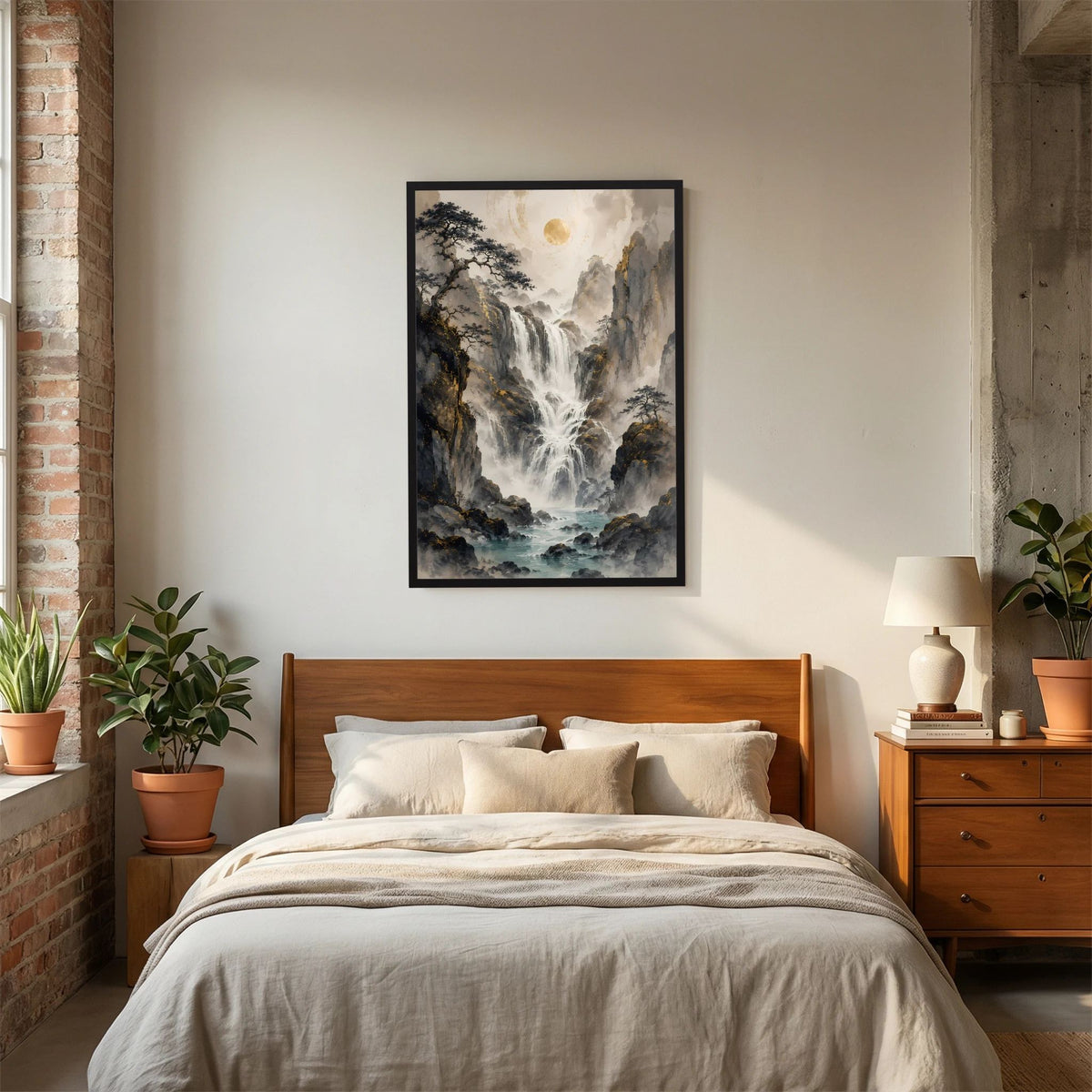 Hochformat-Poster mit Wasserfall in Berglandschaft, schwarzer Rahmen