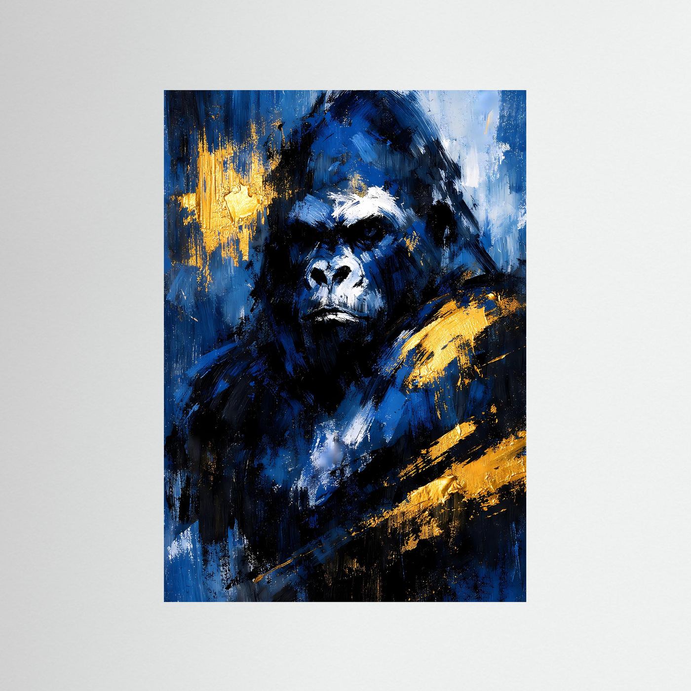 Kunstposter mit abstraktem Gorilla-Gesicht in Blau, Schwarz und Gold, Hochformat