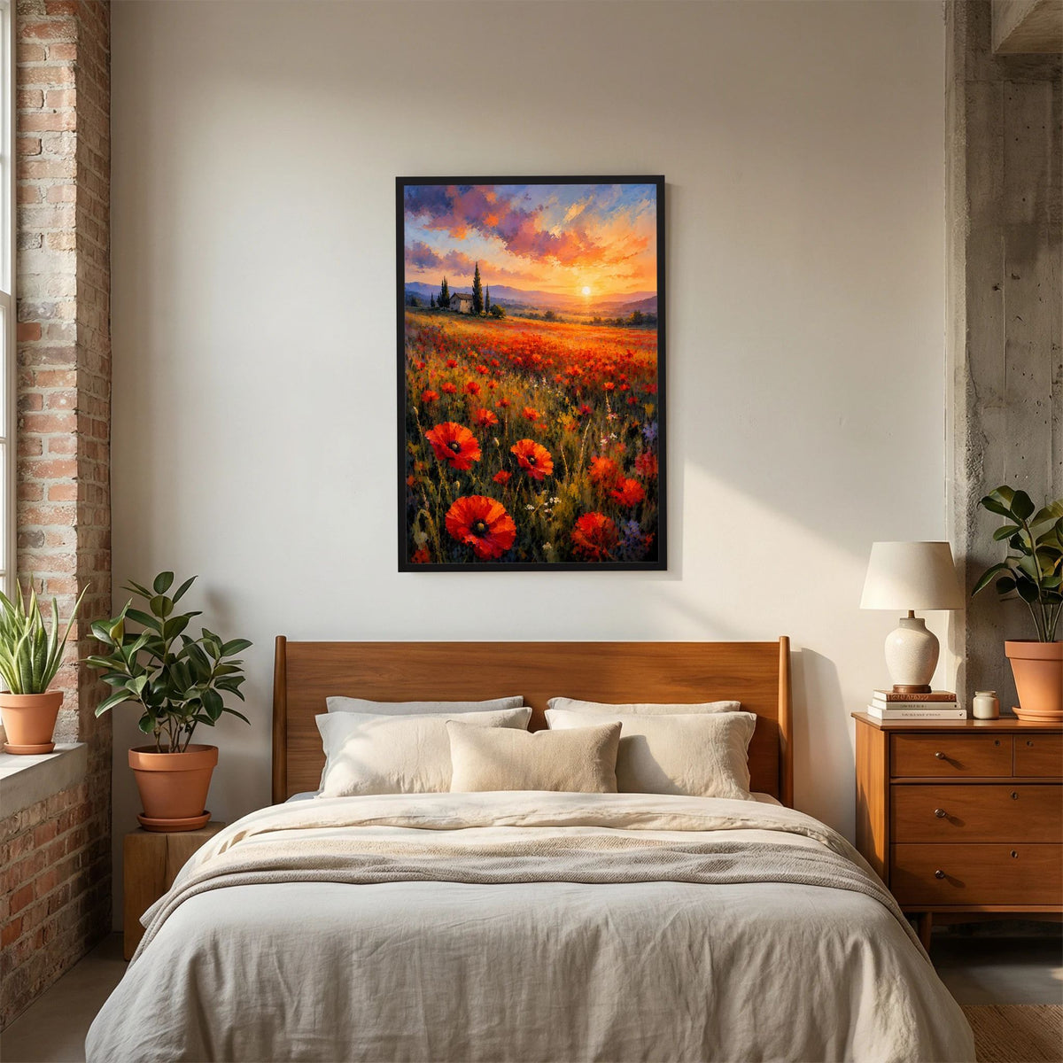Poster im Hochformat mit schwarzem Rahmen und weißem Rand, Mohnblumenfeld
